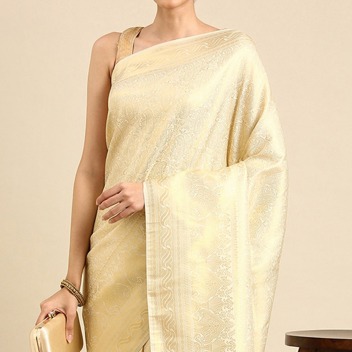 Peachmode Cream Woven Kanjivaram Silk Saree – Women's - view 3