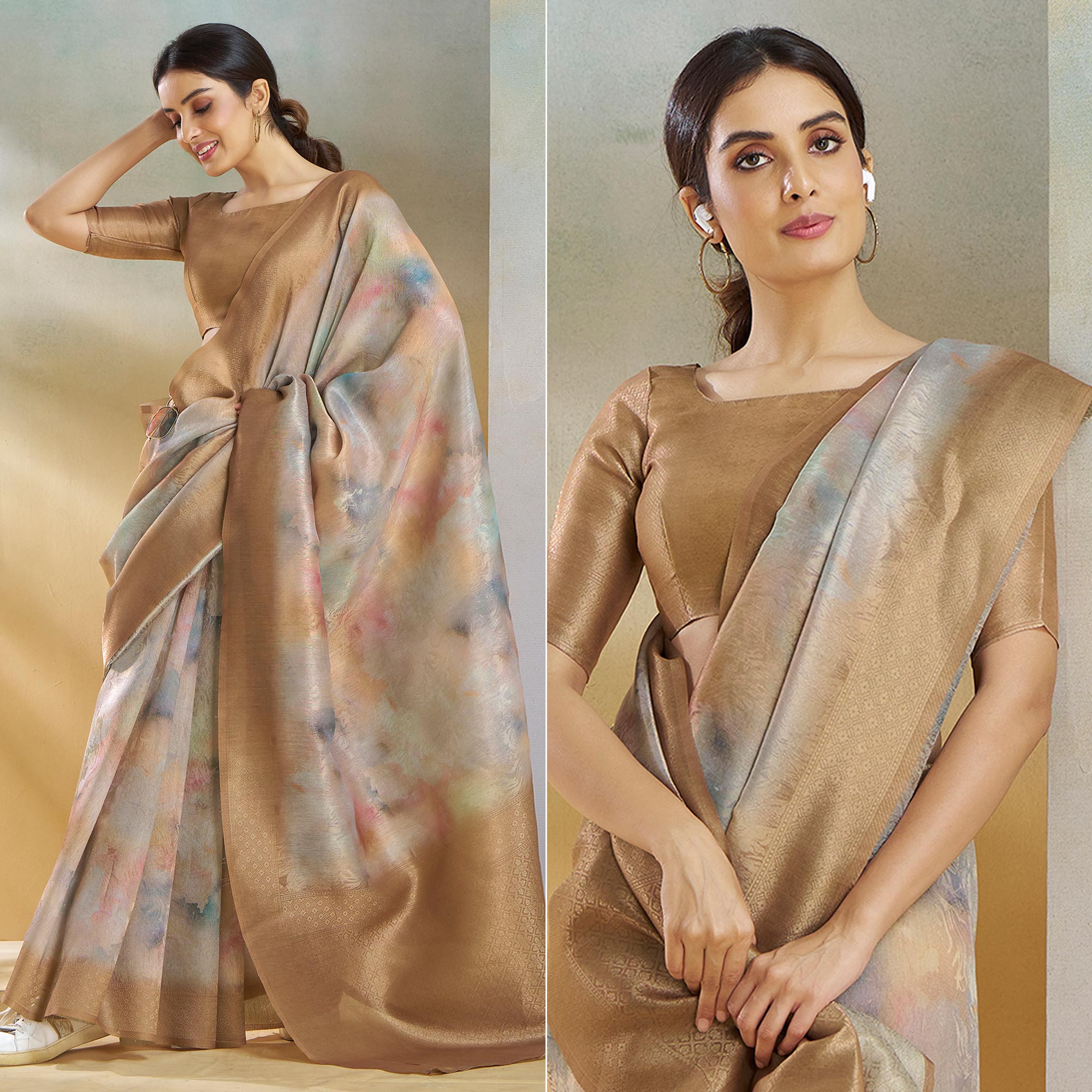 Peachmode Chikoo Woven With Digital Printed Linen Saree