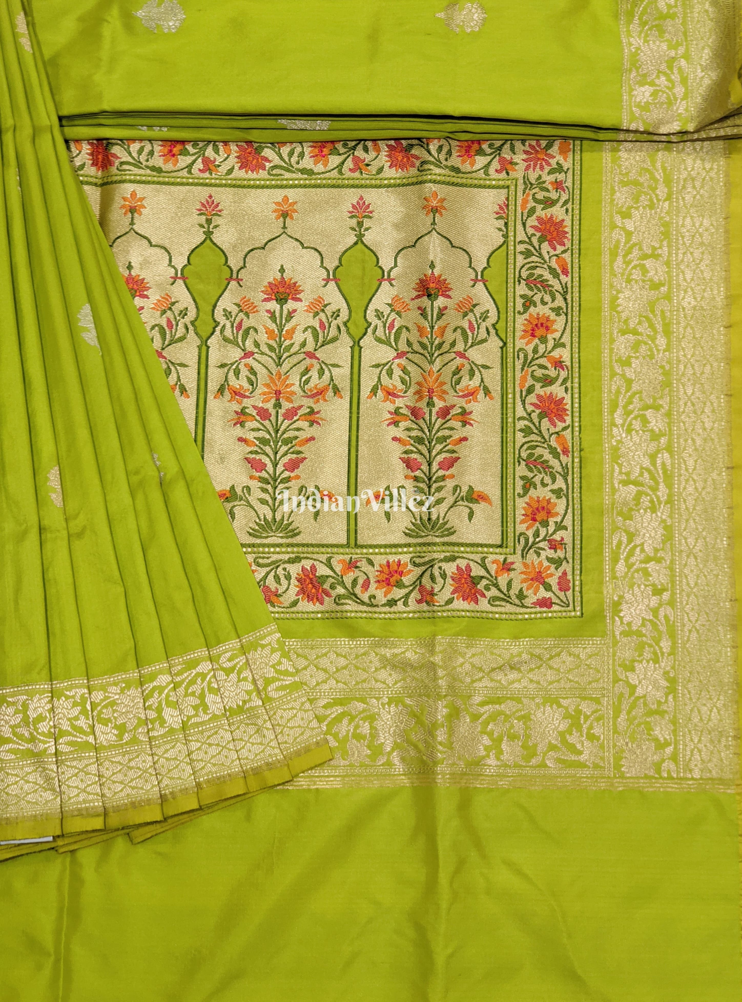IndianVillèz Lime Green Designer Banarasi Katan Silk Saree