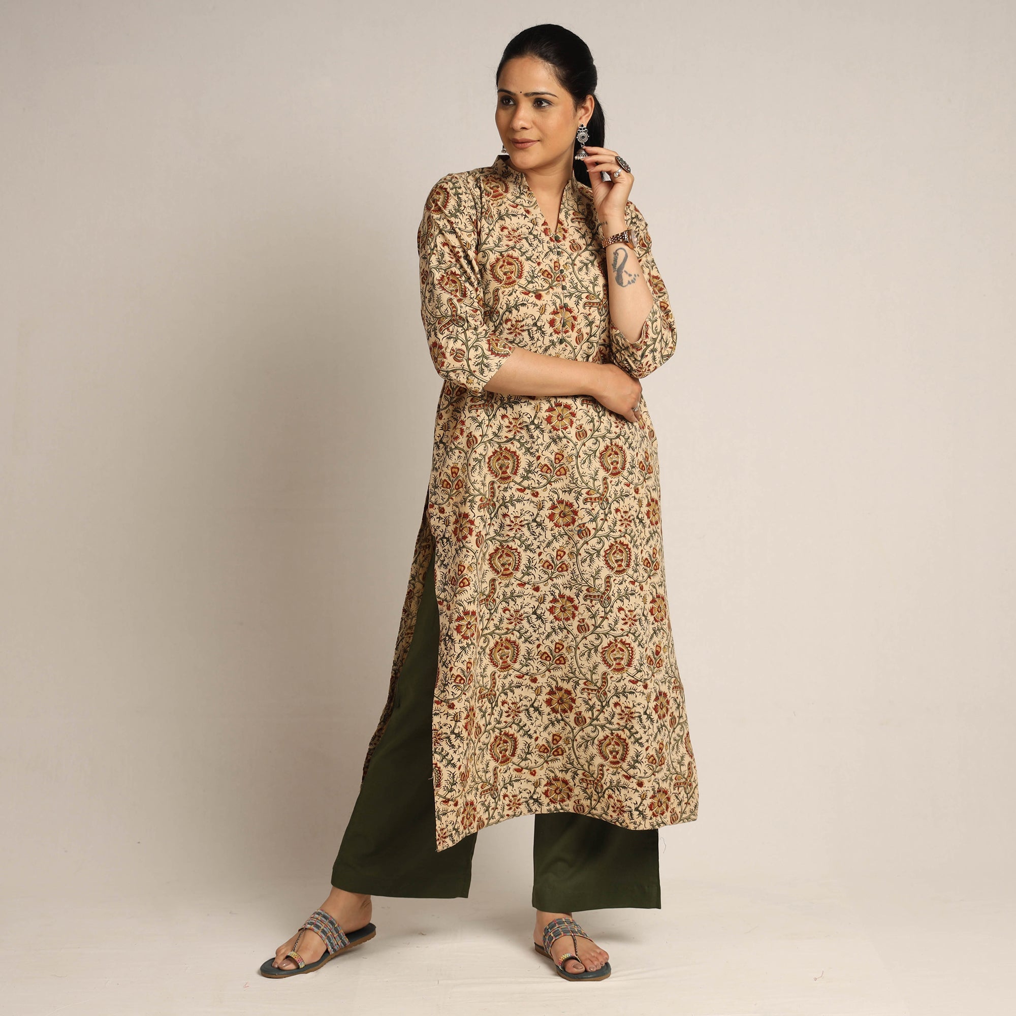 ITOKRI CASUALS Beige - Pedana Kalamkari Block Printed Cotton Kurta with Palazzo Set