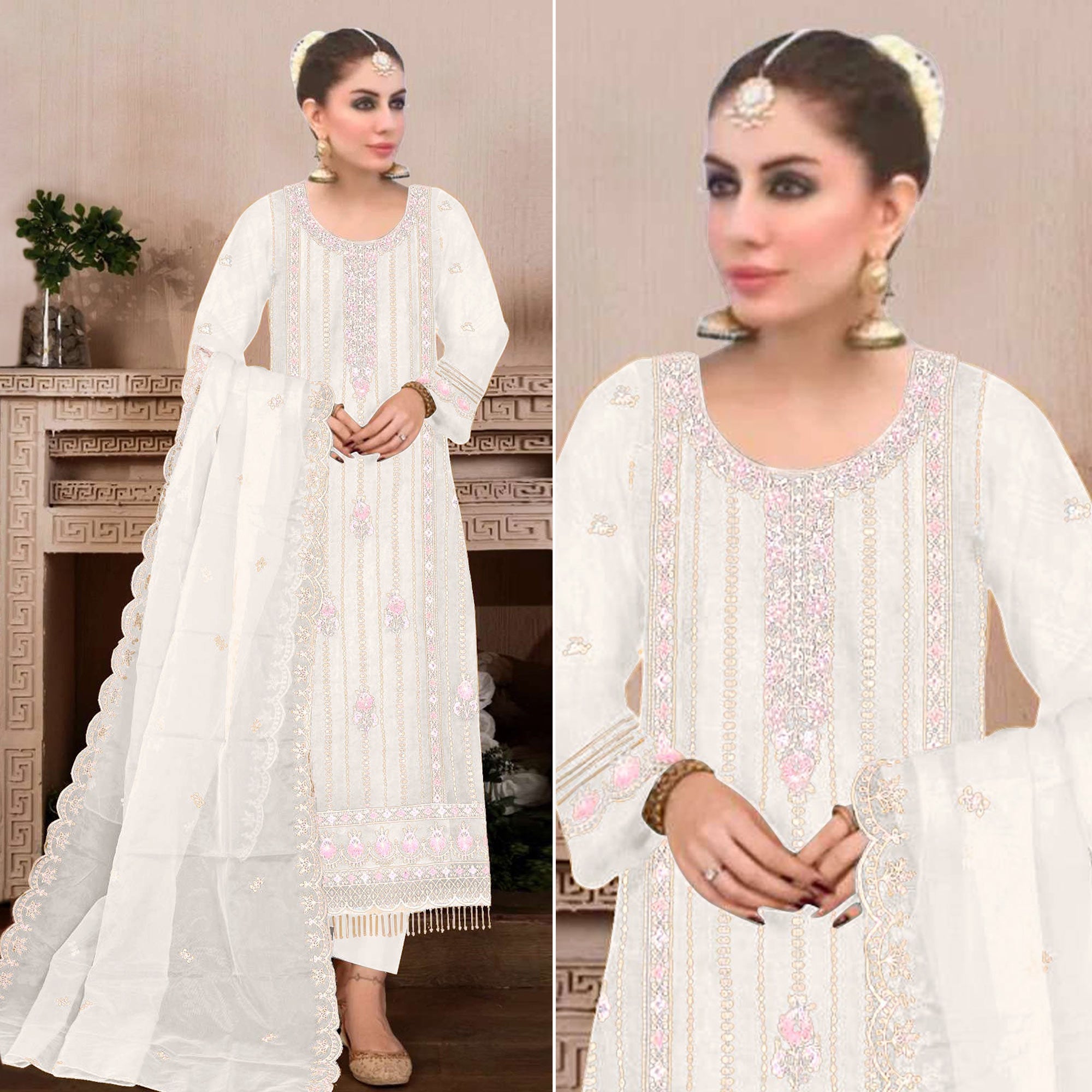 Peachmode Cream Floral Hand Embroidered Georgette Semi Stitched Pakistani Suit