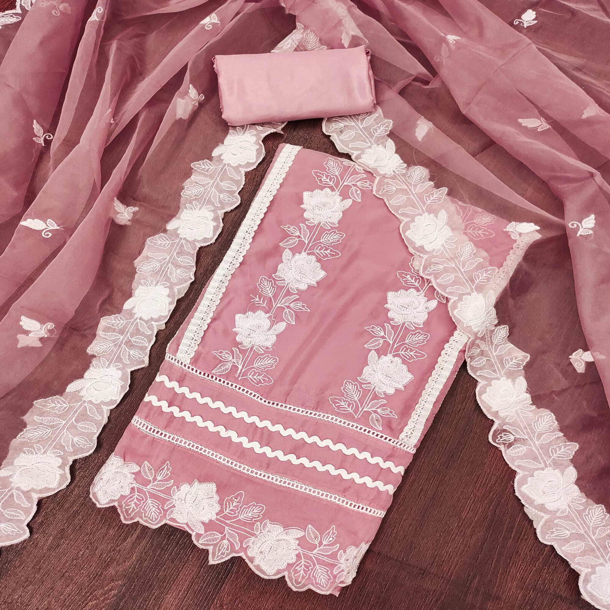 Peachmode Onion Pink Floral Embroidery With Stonework Organza Dress Material