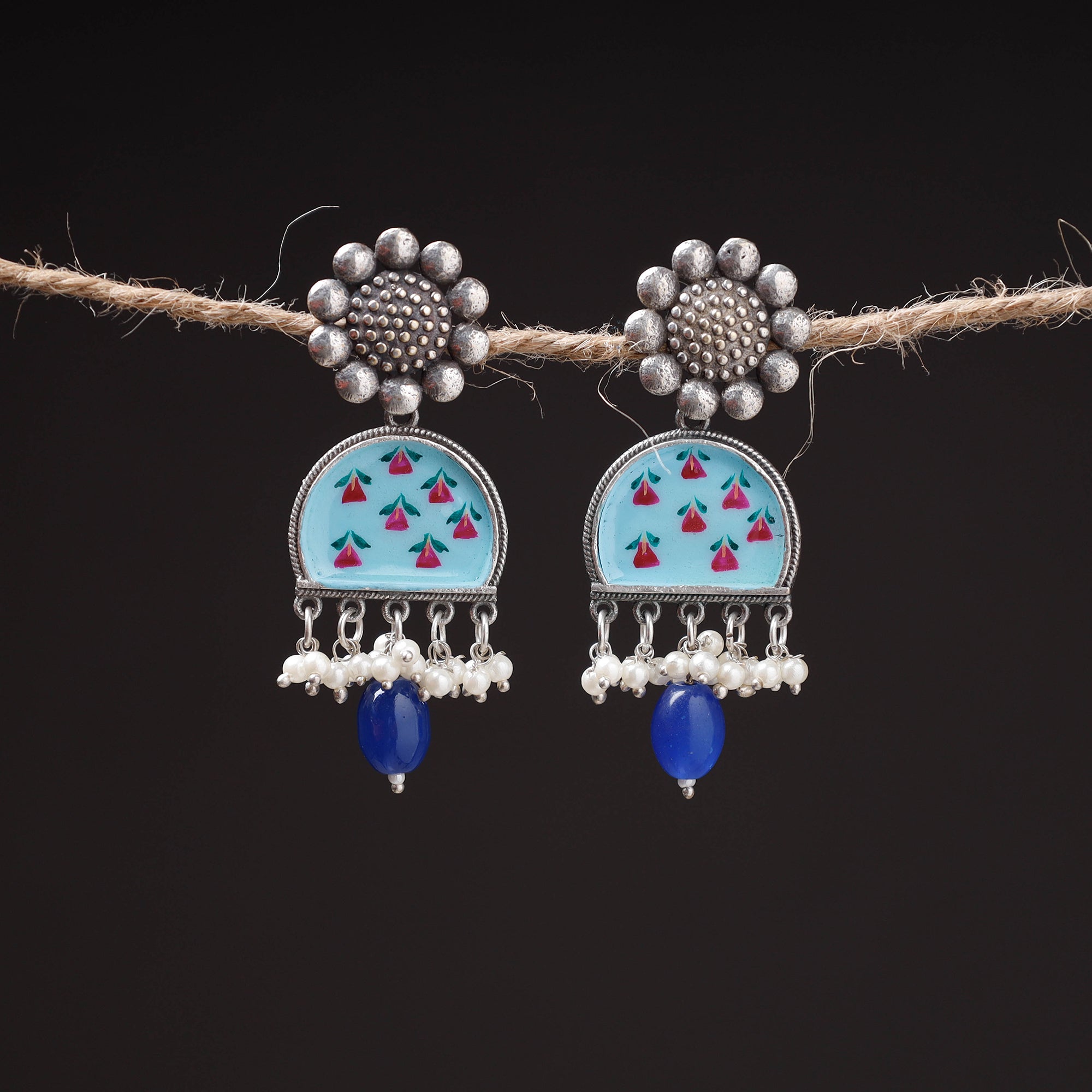 WHITE RIVER STORIES Antique Silver Finish Oxidised Brass Base Enamel Work Earrings