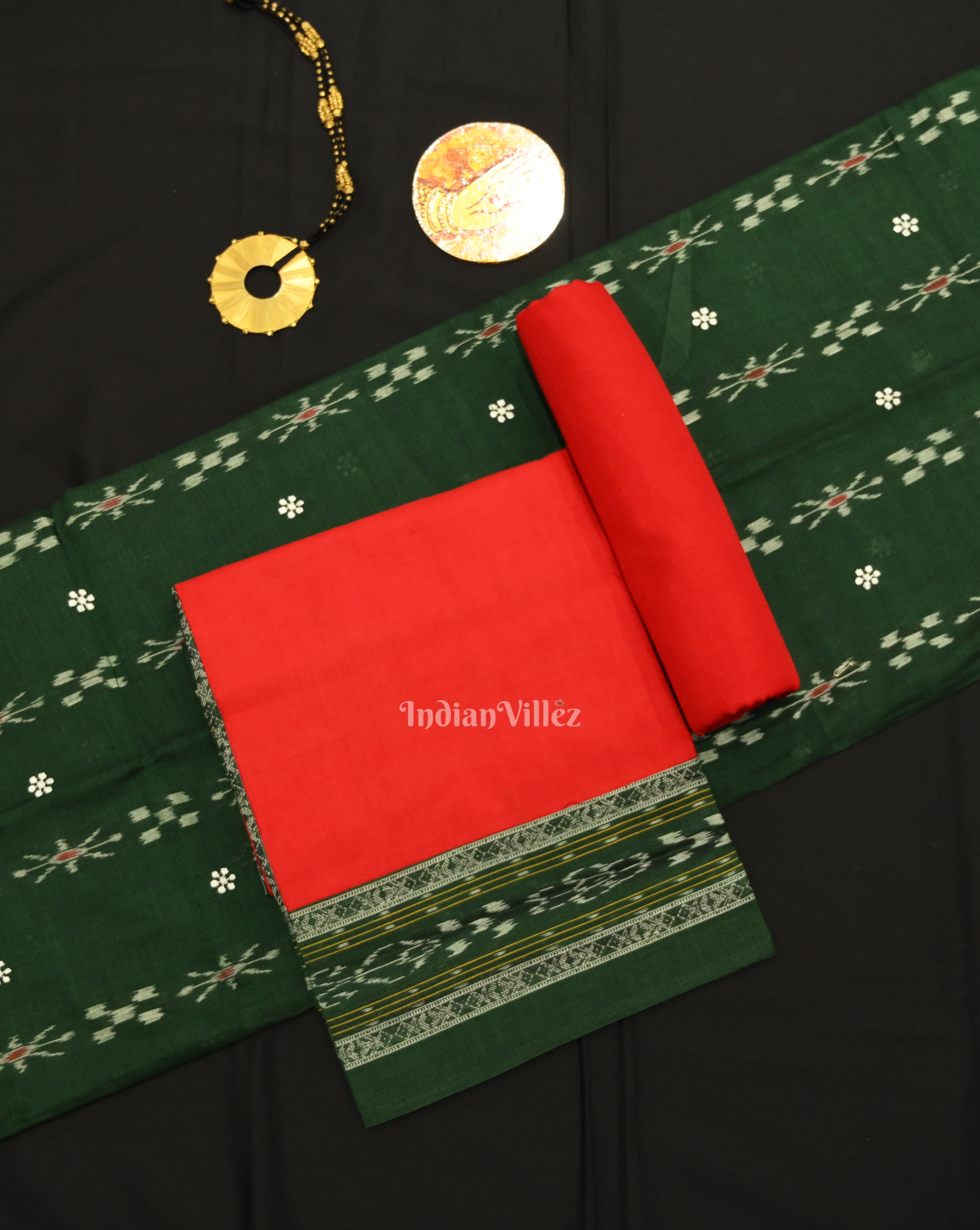 IndianVillèz Green Red Flower Buti Odisha Ikat Sambalpuri Dress Set & Dupatta