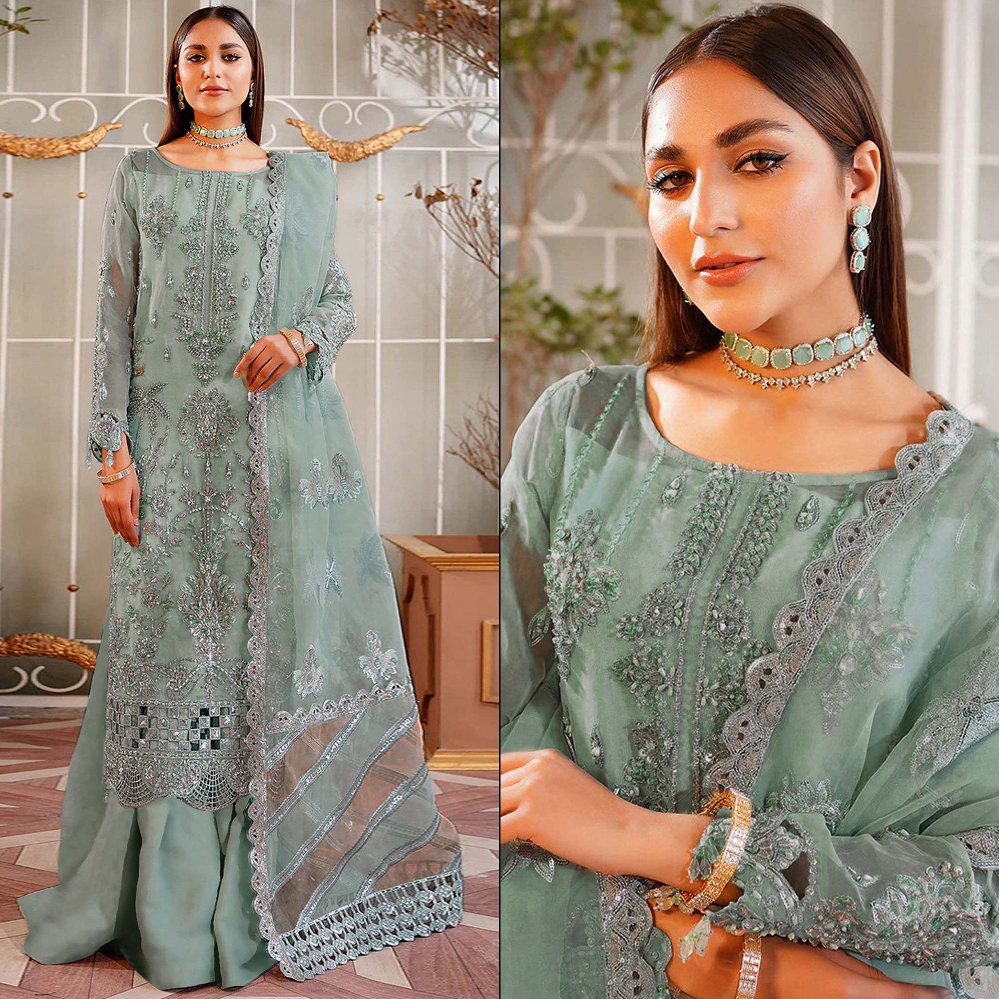 Peachmode Dusty Green Floral Sequins Embroidered Organza Semi Stitched Pakistani Suit