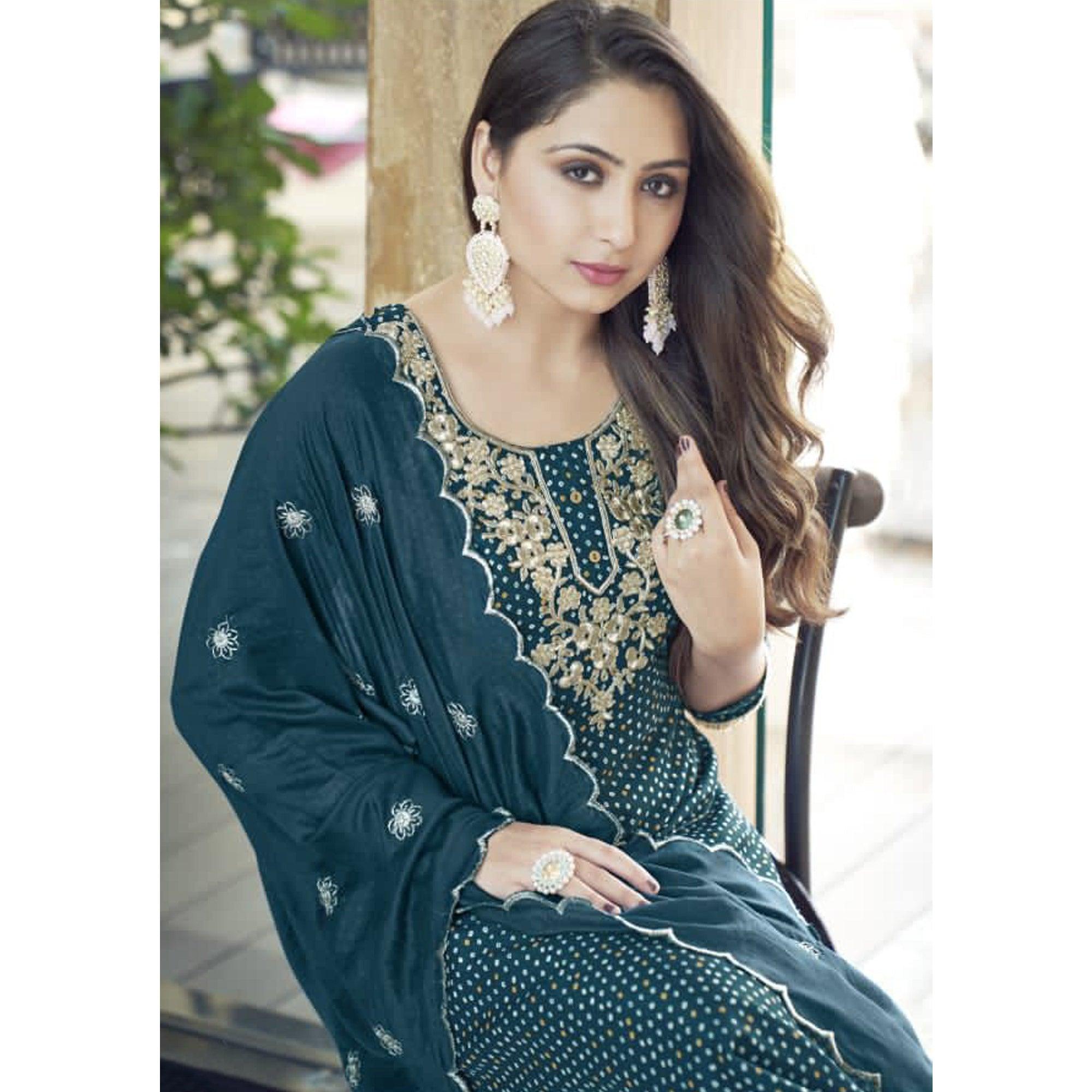 Peachmode Seller Dark Teal Blue Bandhani Printed With Gota Patti Muslin Salwar Suit - view 4