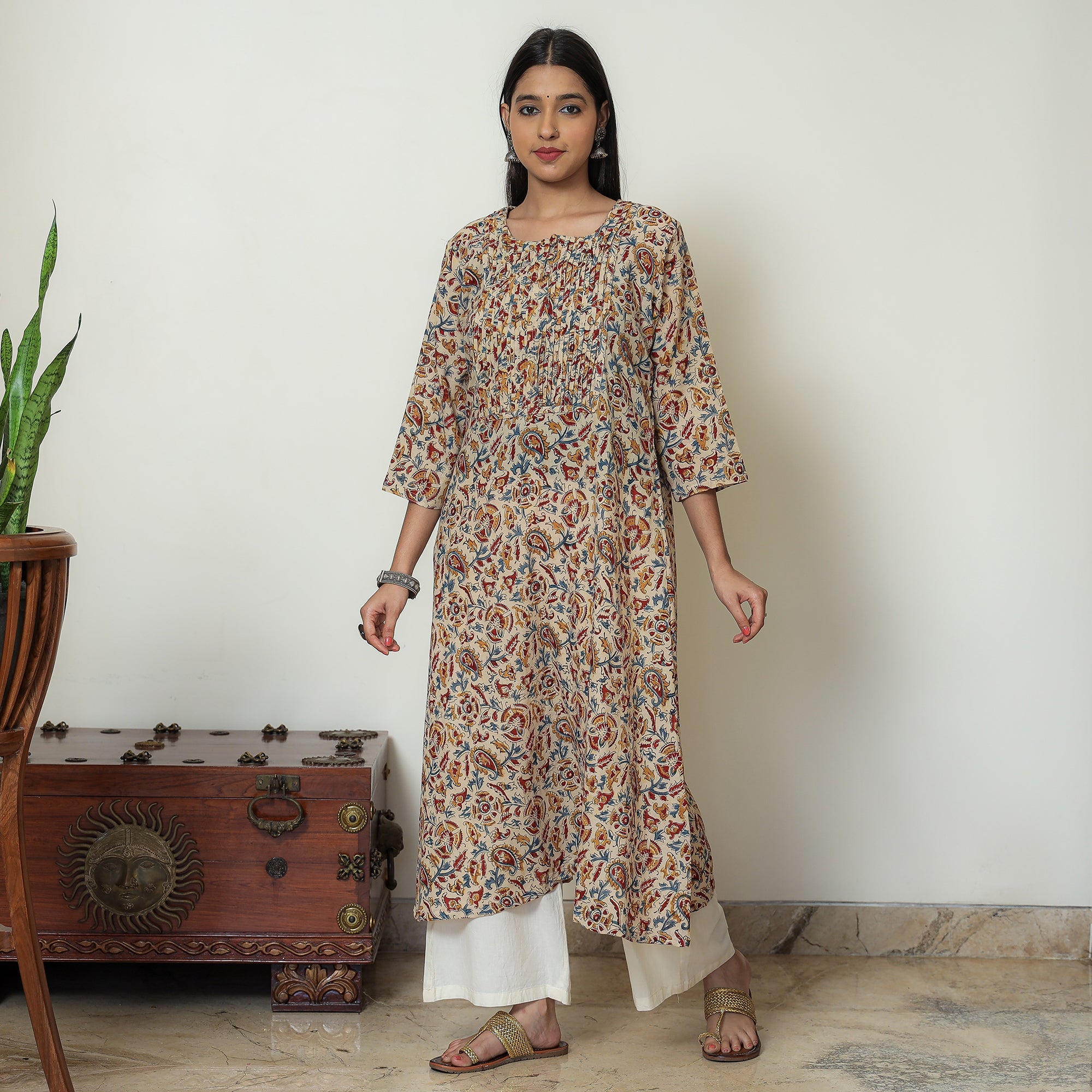 ITOKRI CASUALS Beige - Kalamkari Hand Block Printed Mul Cotton Pintuck A-Line Kurta 01 - view 3