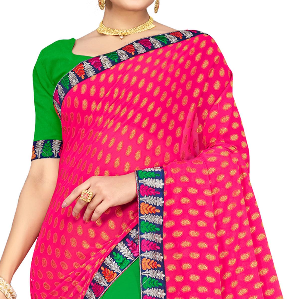 Peachmode Breathtaking Green-Pink Colored Party Wear Embroidered Georgette Half-Half Saree - view 2