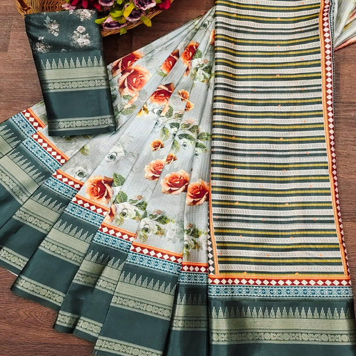 Peachmode Dark Grey Floral Digital Printed Cotton Silk Saree - view 2