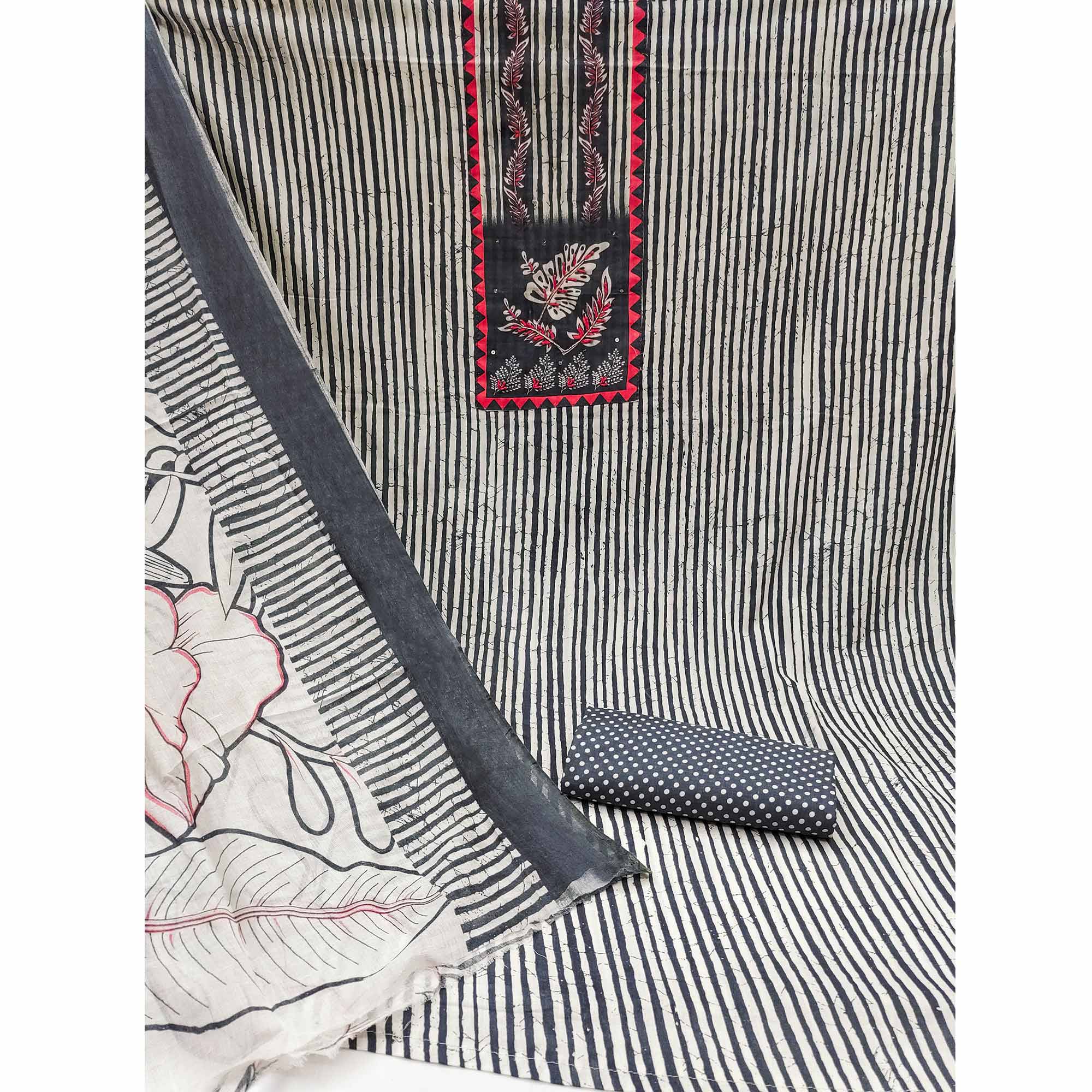 Peachmode Grey Striped Printed With Embroidered Pure Cotton Dress Material - view 3
