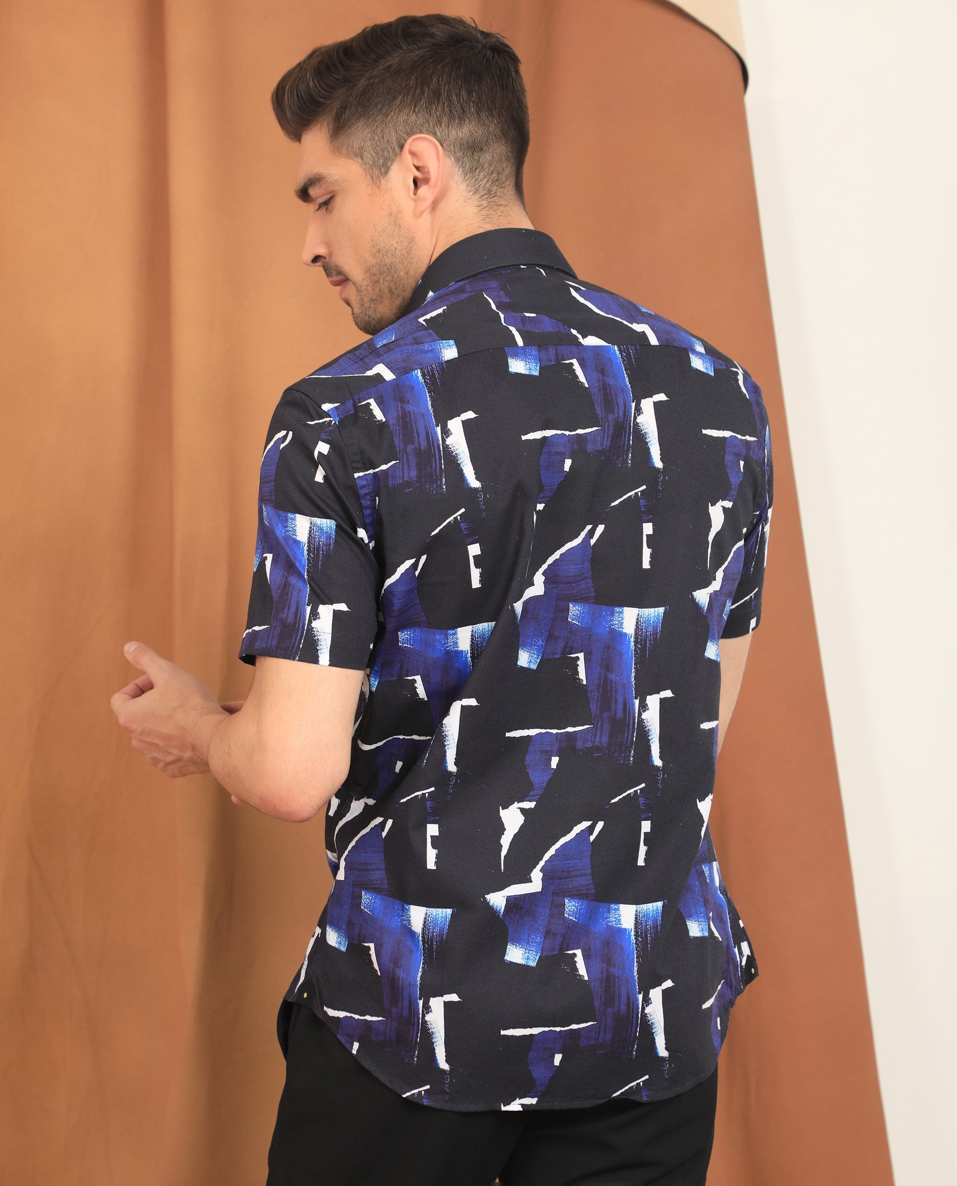 Rare Rabbit Men's Canva Blue Viscose Fabric Geometric Print Half Sleeves Shirt - view 8
