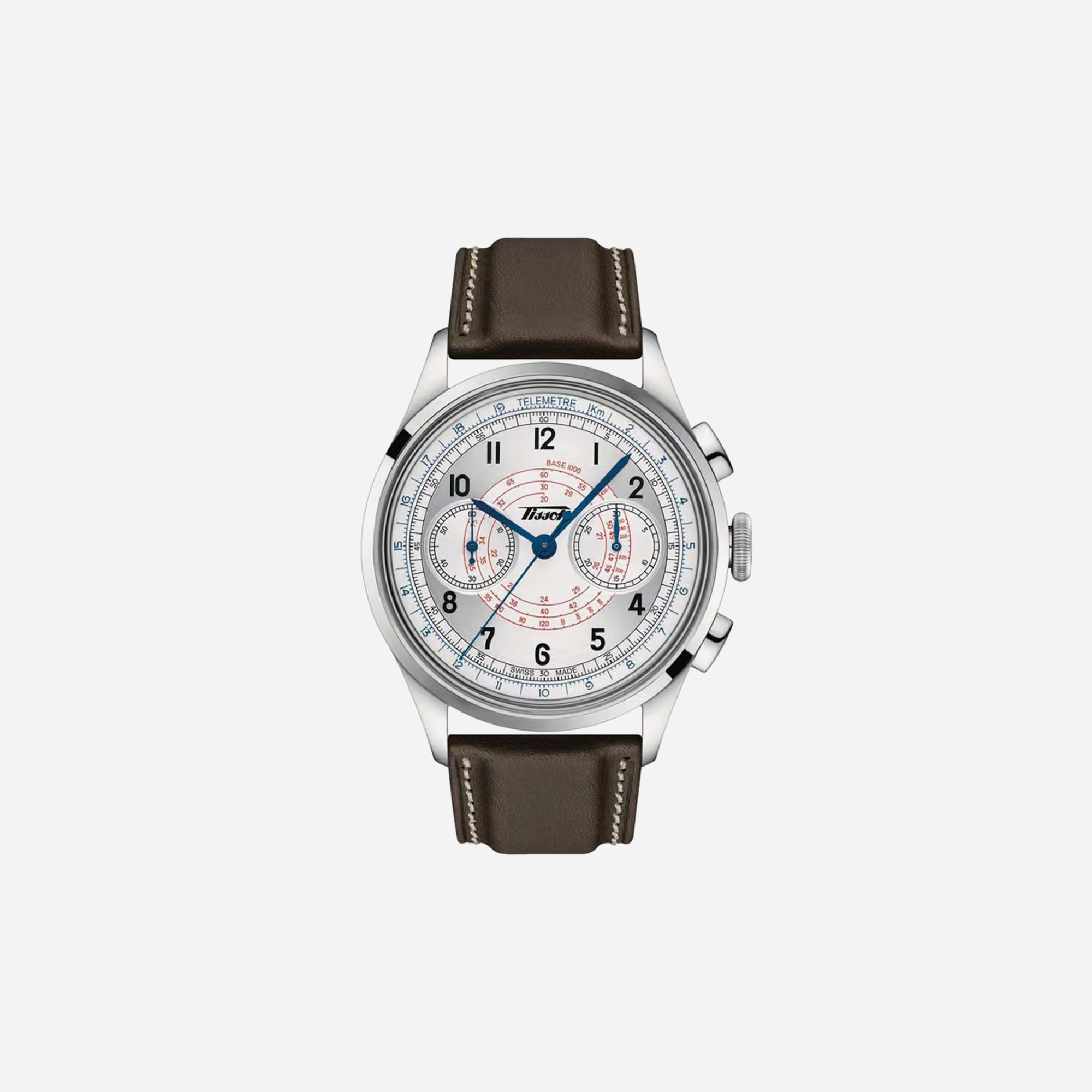 Tissot Telemeter 1938 Silver Dial 42mm Brown Leather Strap Automatic Chronograph Watch
