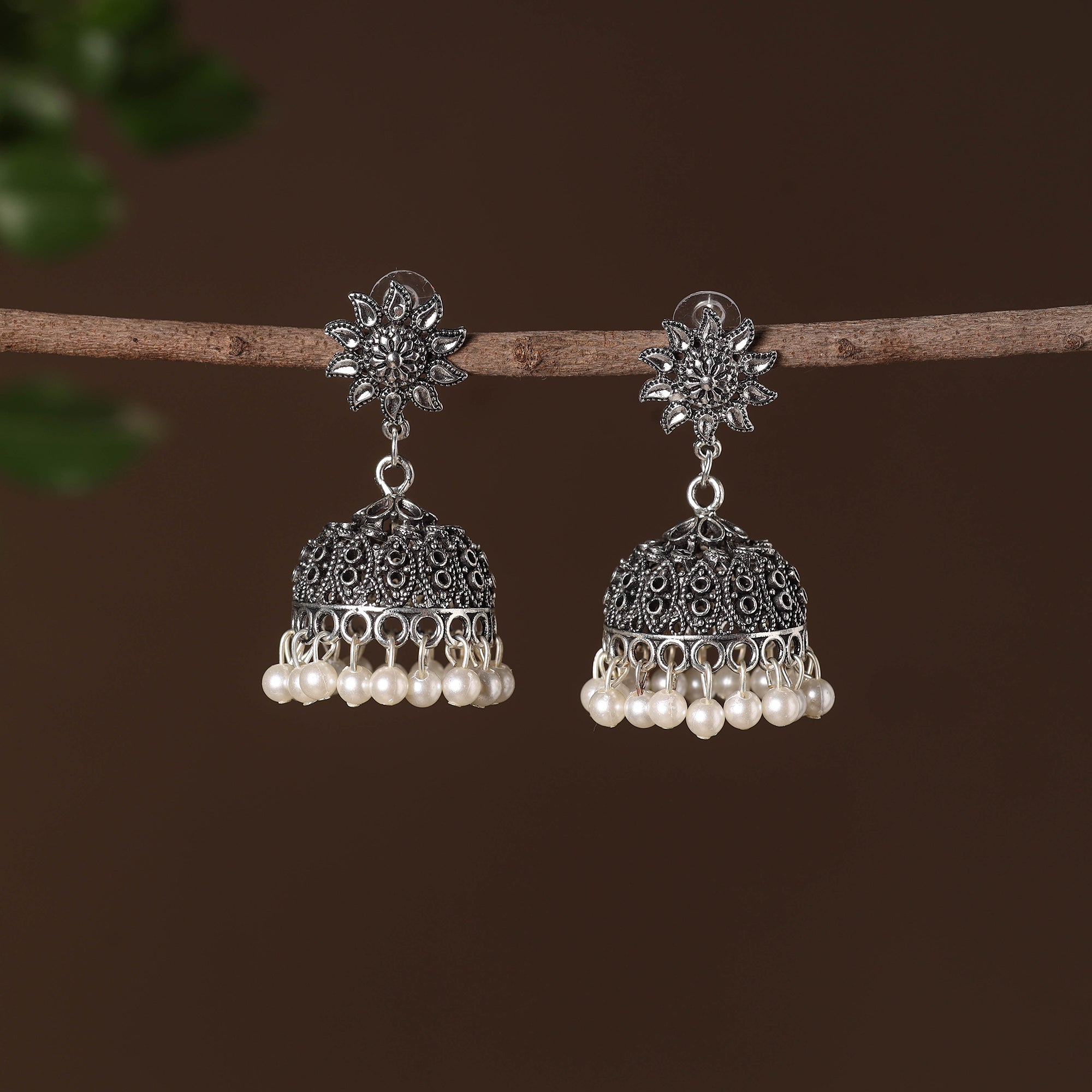 JALPARI Vedika German Silver Beaded Jhumki Earrings