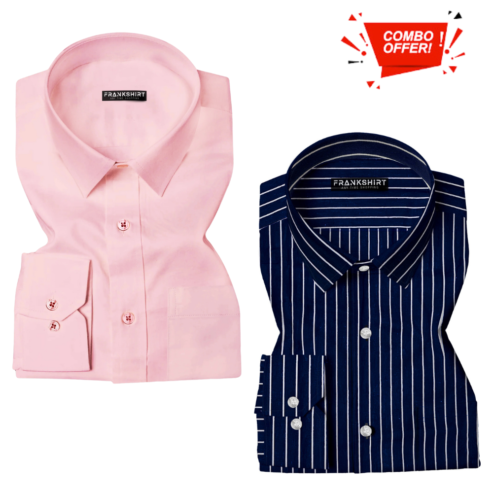 BlackTree Pack of 2 Cotton Shirt for Man (Light Pink with Black White)