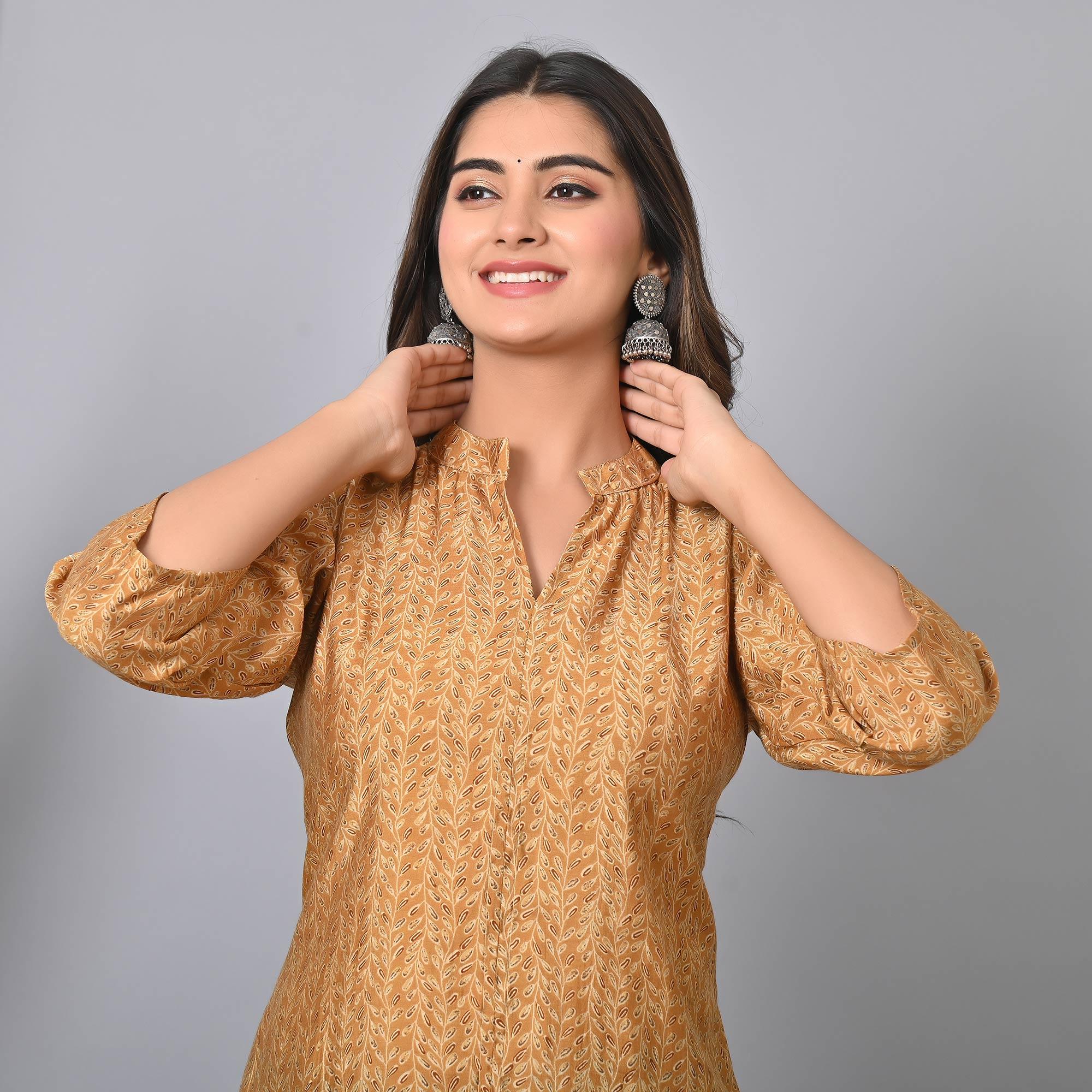 Peachmode Chikoo Colored Floral Printed Chanderi Top - view 7