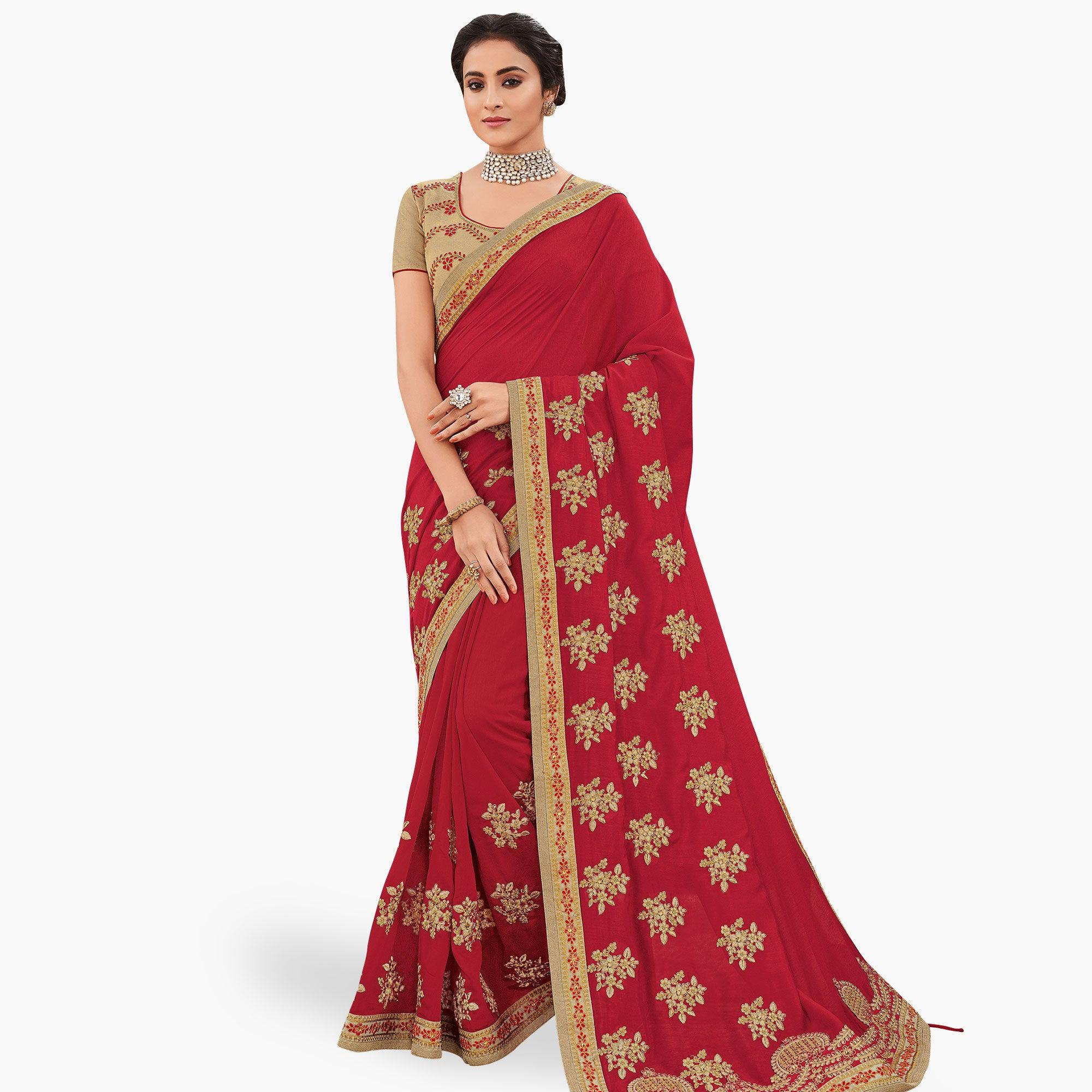 Peachmode Mesmeric Red Colored Partywear Embroidered Silk Saree