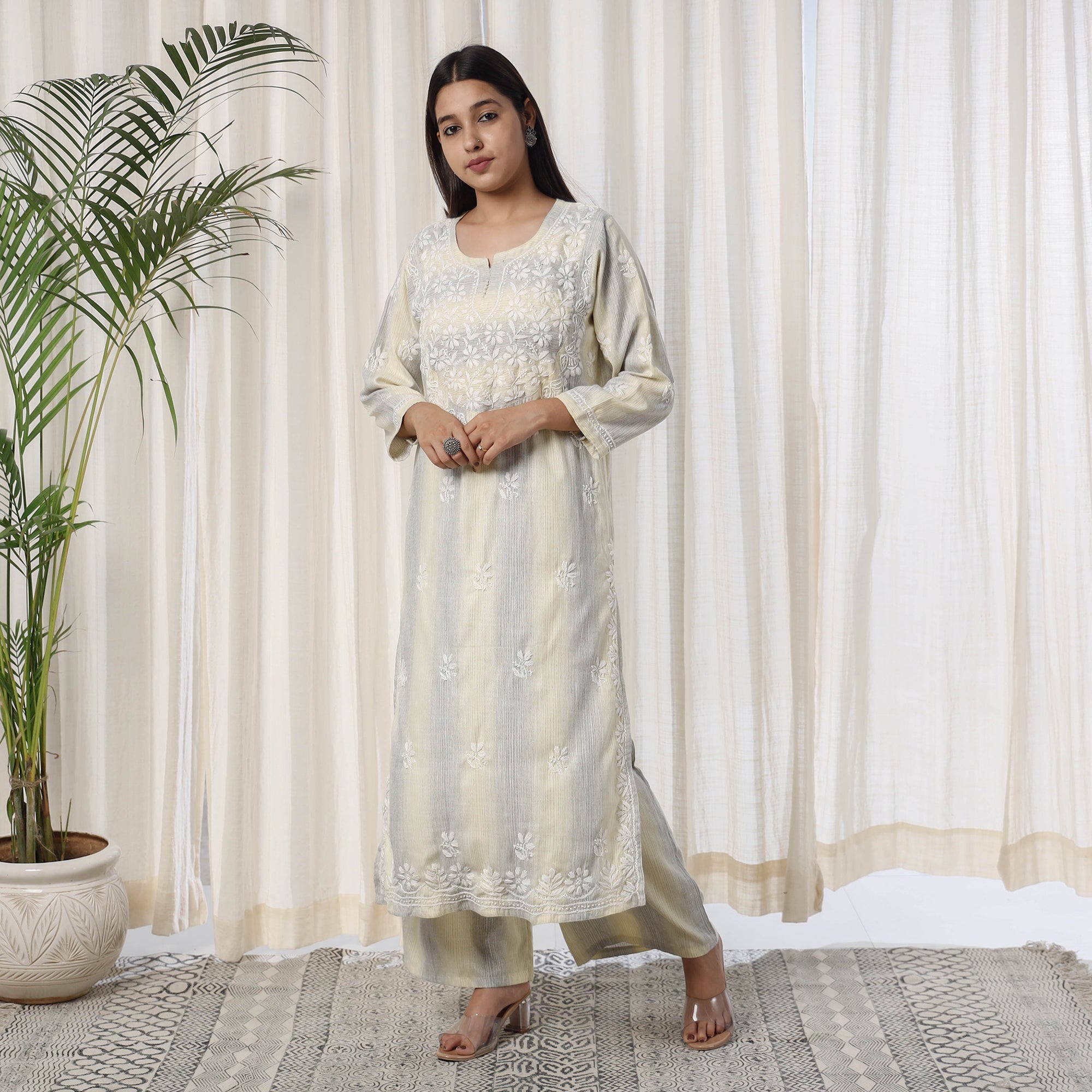 MEHARKI CHIKAN Beige Chikankari Hand Embroidery Soft Cotton Kurta with Palazzo Set