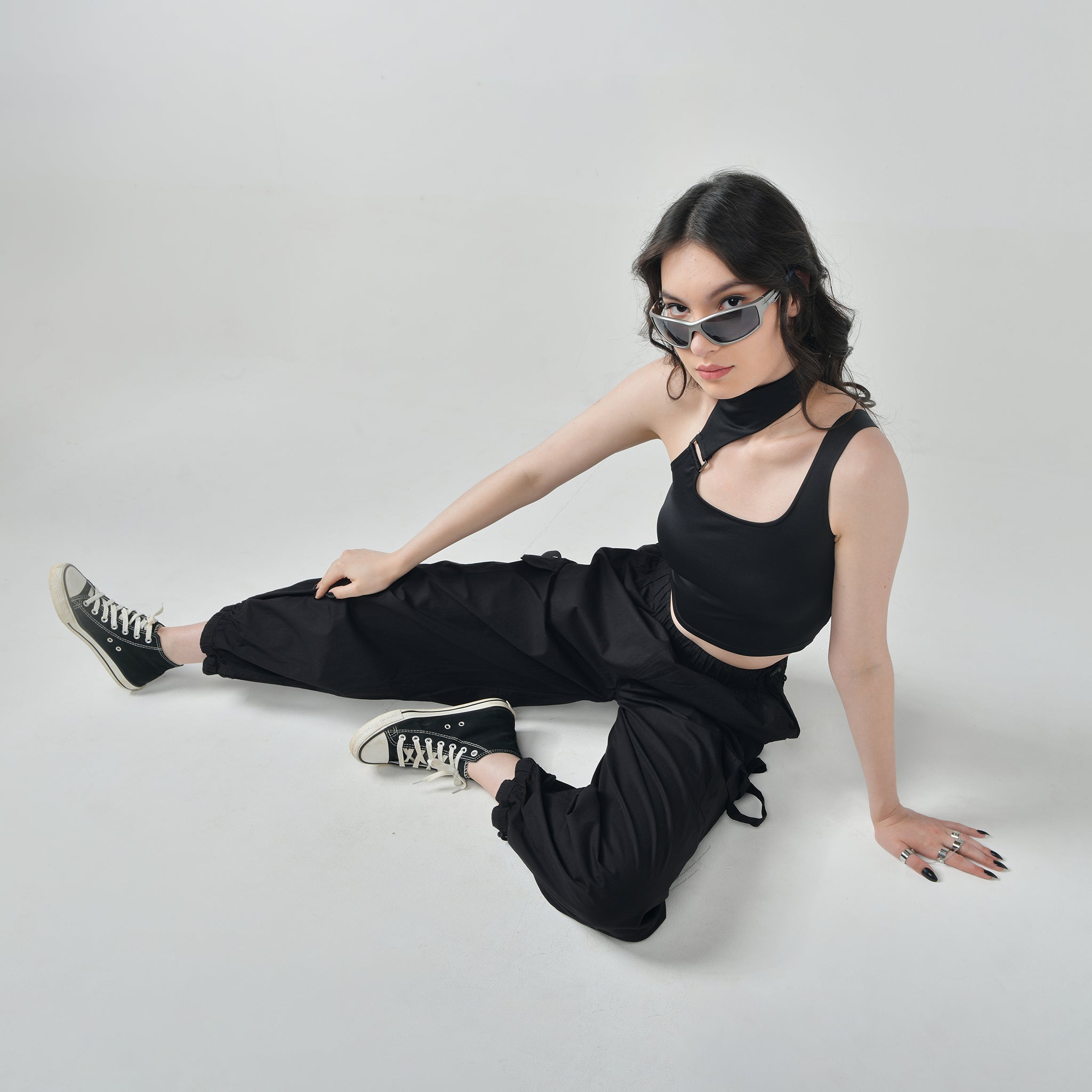 I Z F One-Shoulder Buckle Crop Top – Black - view 4