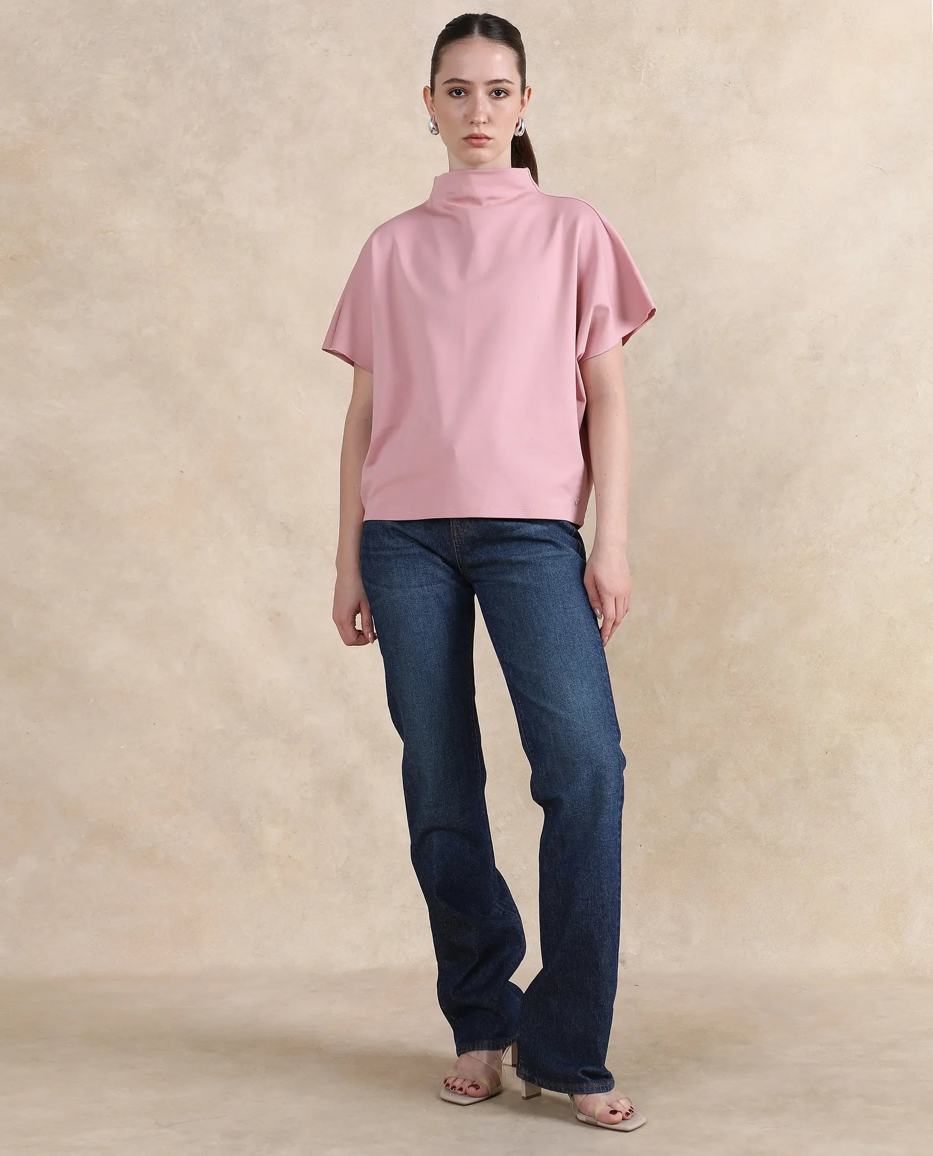 Rareism Women Worknet Pink Cotton Viscose Fabric Extended Sleeves High Neck Relaxed Fit Plain Top - view 10