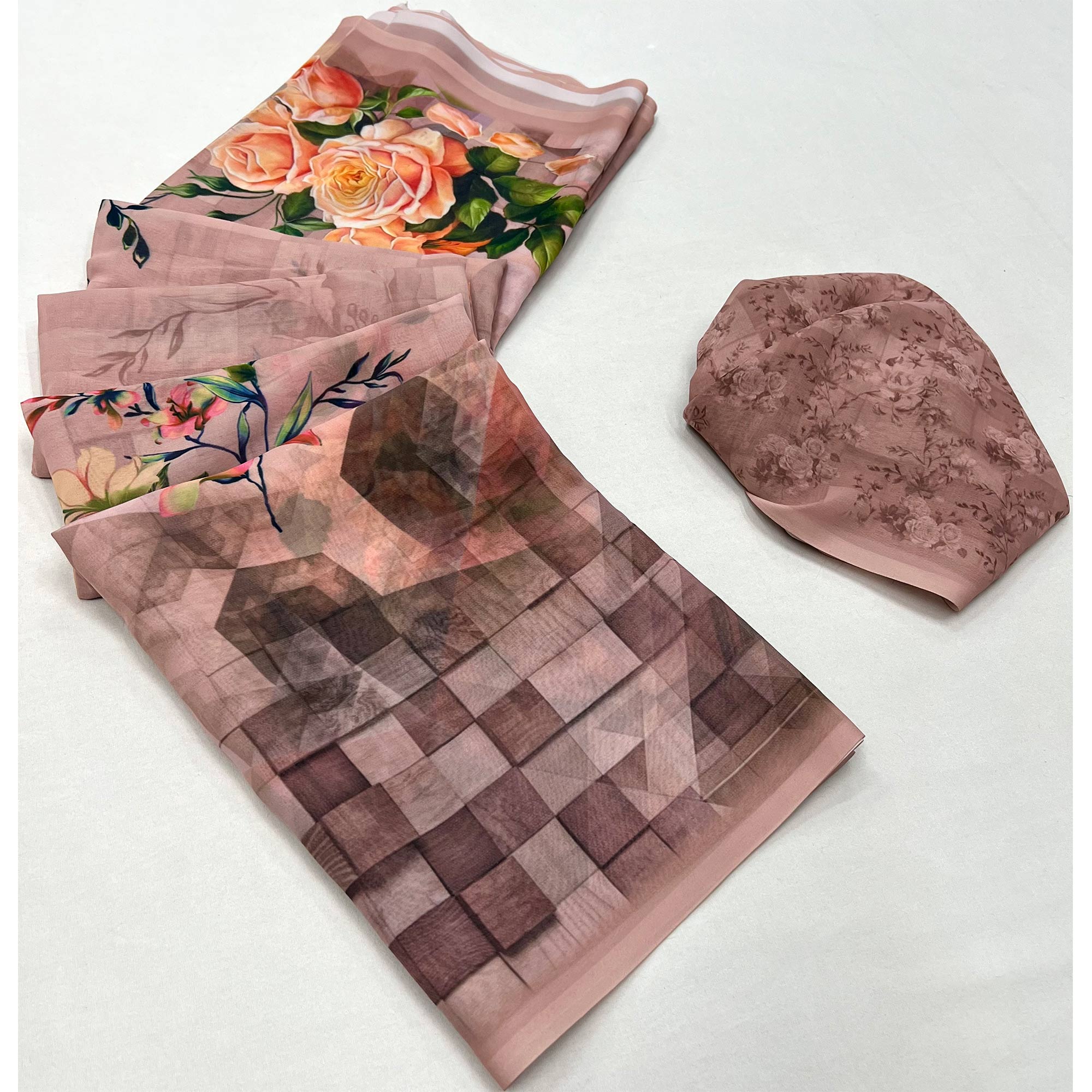 Peachmode Chikoo Digital Printed Georgette Saree - view 3