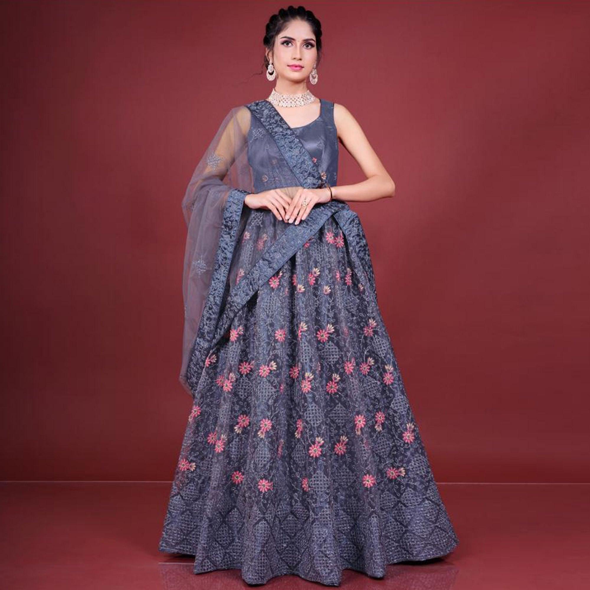 Peachmode Dark Grey Embroidered Netted Lehenga Choli