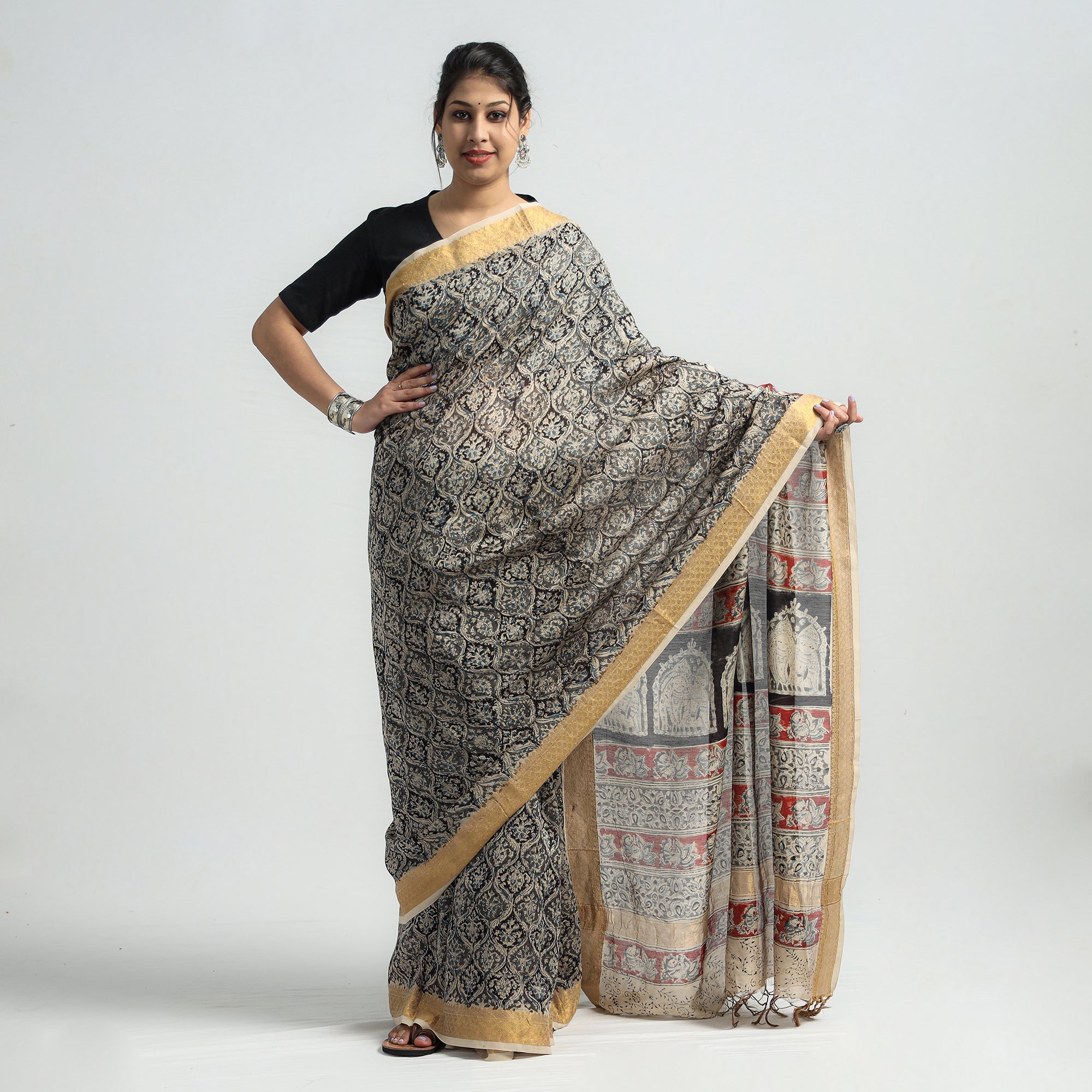 VENKATA BHANU KALAMKARI PEDANA Black - Original Pedana Kalamkari Block Print Silk Saree - view 2