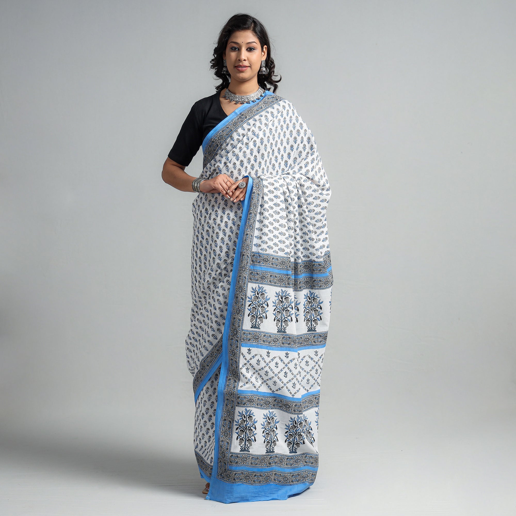 SANTOSH KUMAR DHANOPIA Blue - Block Printed Mul Cotton Sanganeri Saree