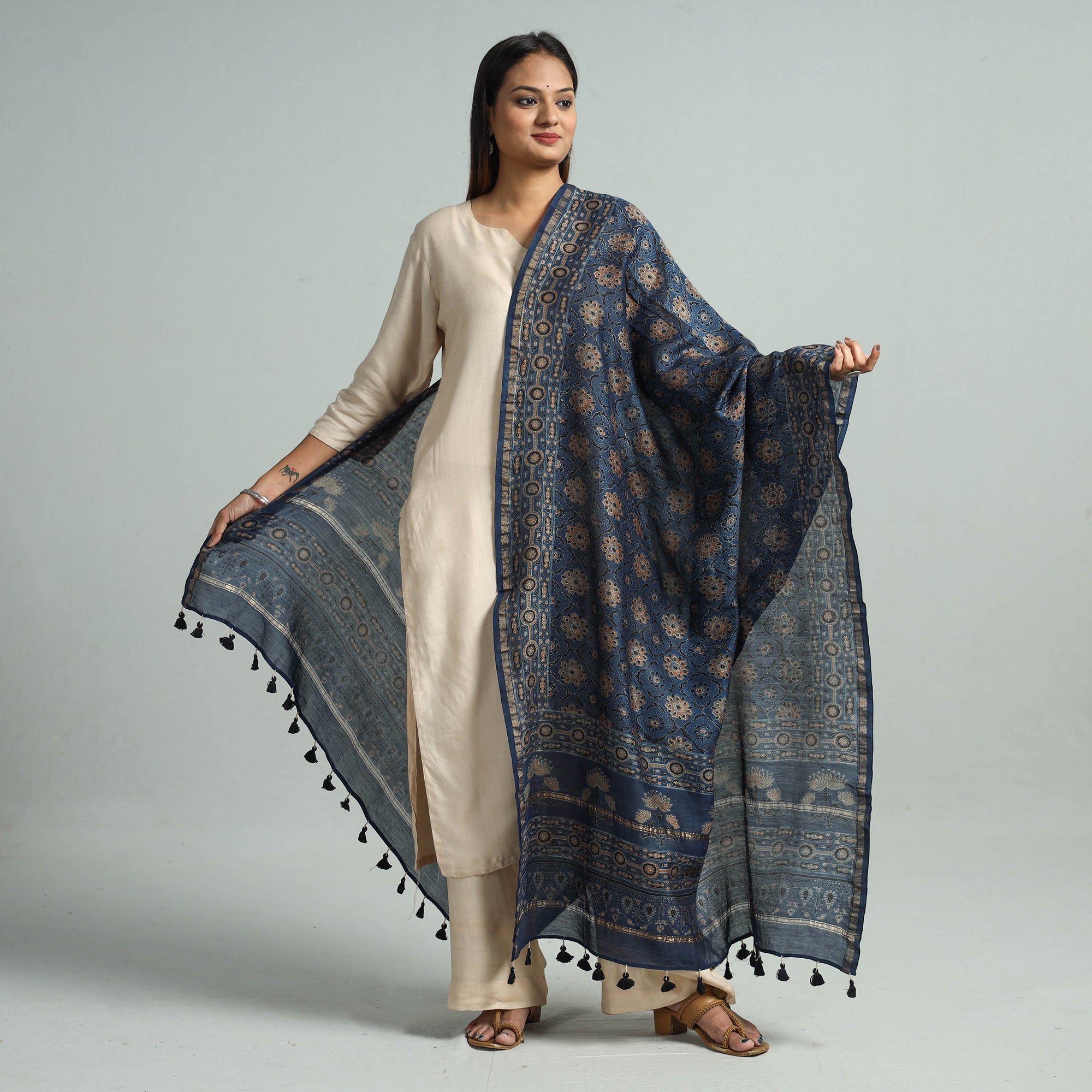 KACHCHH JI CHHAAP Blue - Hand Block Print Chanderi Silk Ajrakh Dupatta 55