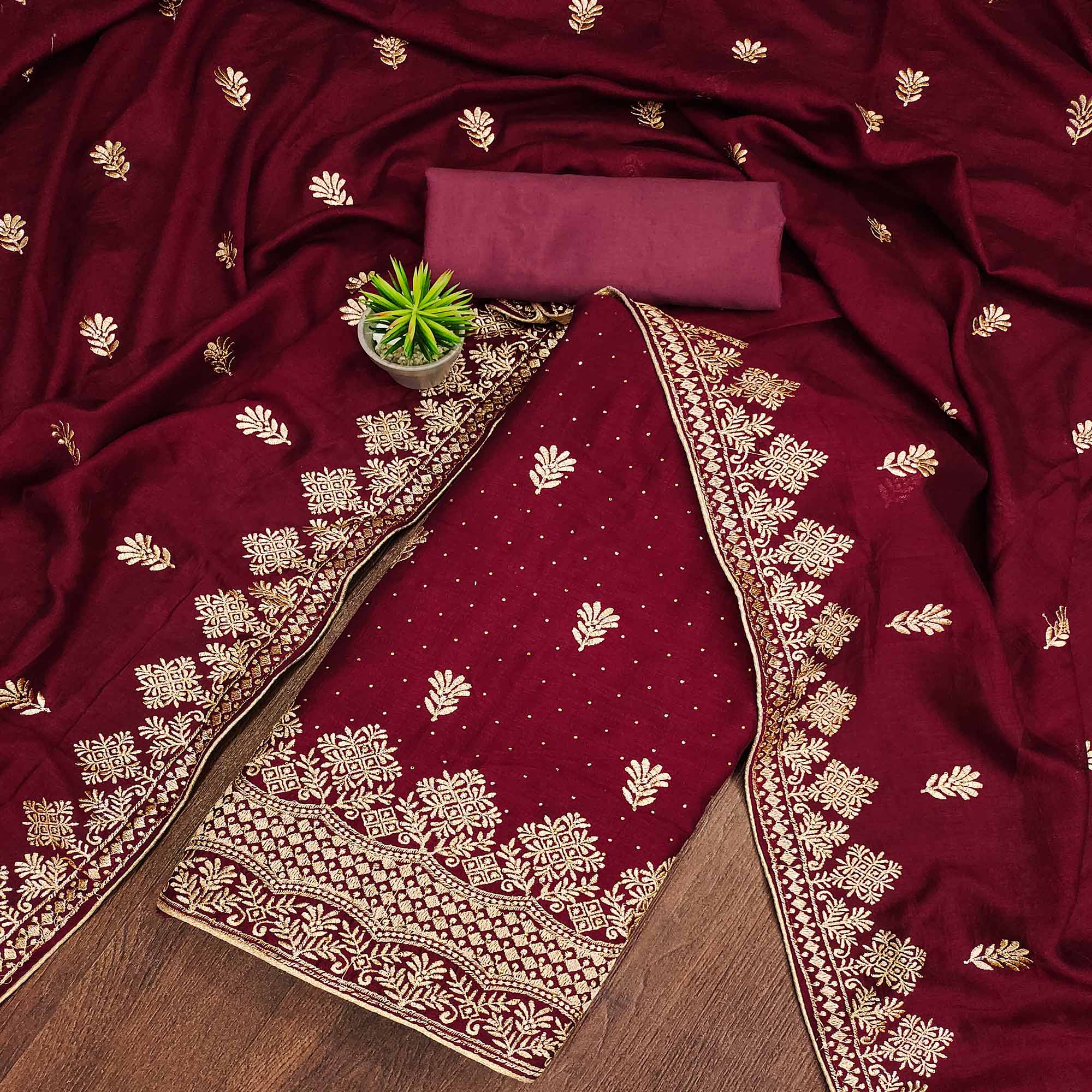 Peachmode Maroon Floral Embroidered Chinon Dress Material