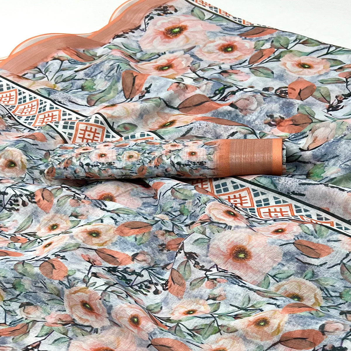 Peachmode Light Orange Floral Digital Printed Linen Saree - view 2