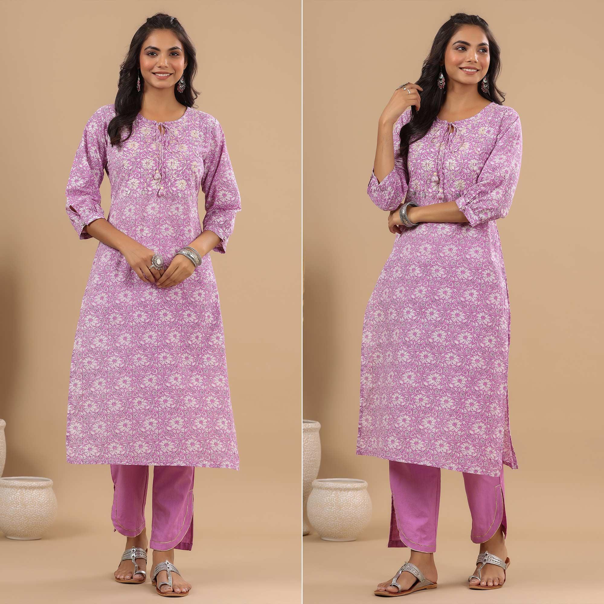 Peachmode Lavender Floral Printed With Embroidered Pure Cotton Kurti Pant Set