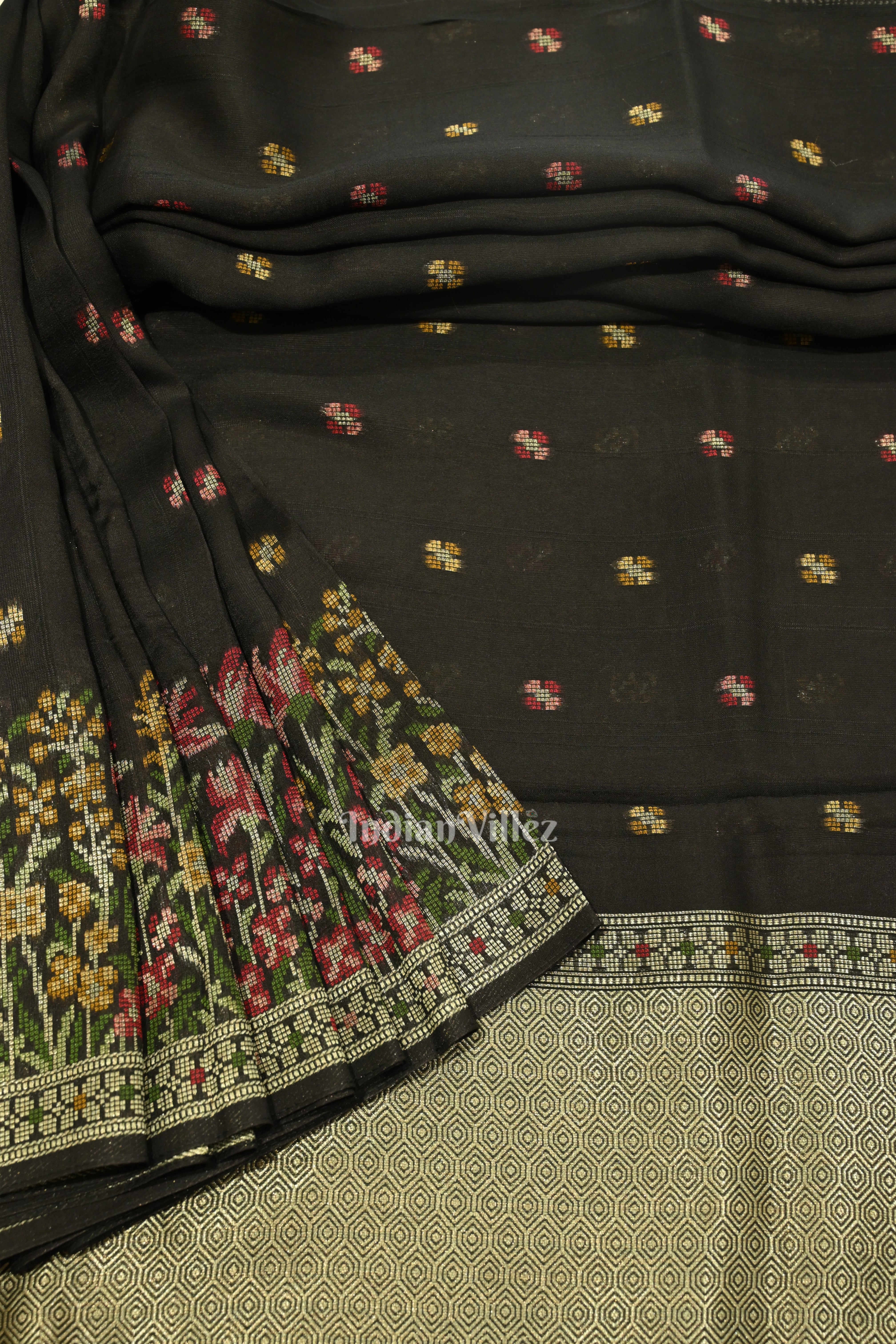 IndianVillèz Black Tussar Banarasi Silk Saree with Tassels