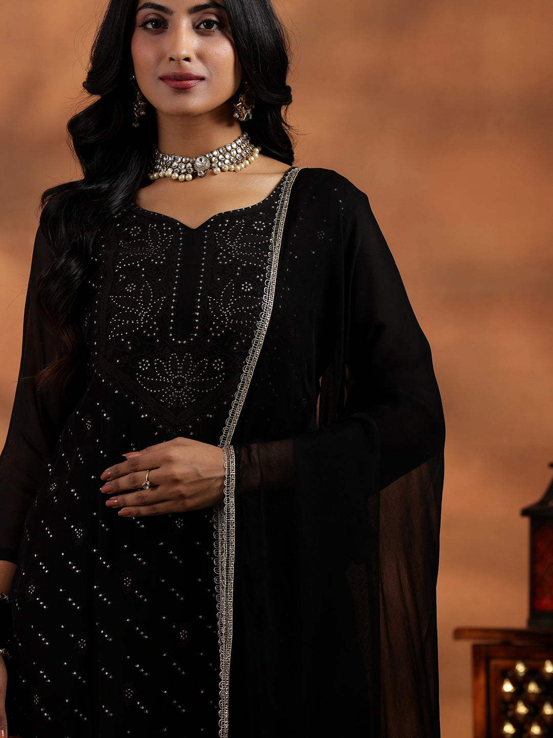 Libas Black Embroidered Organza Straight Suit With Dupatta - view 5