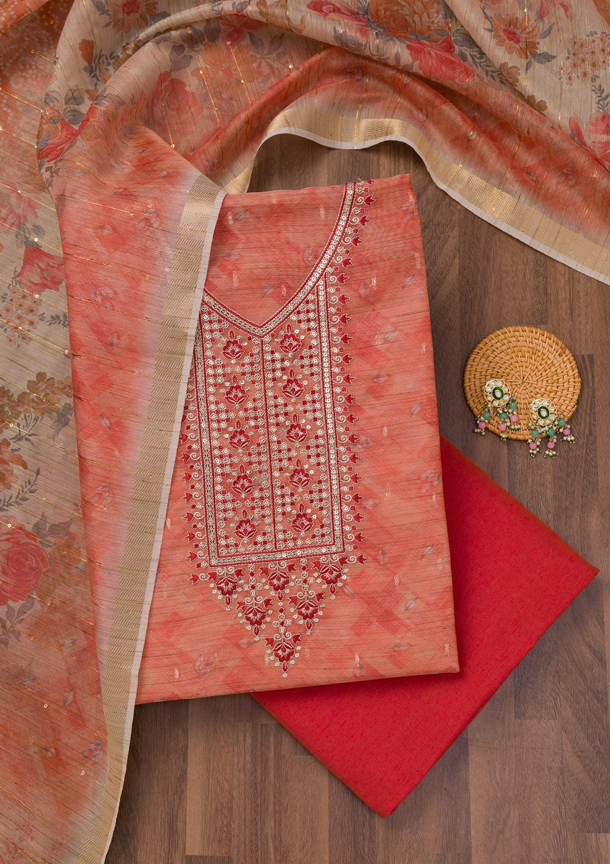 Koskii Red Printed Raw Silk Unstitched Salwar Suit