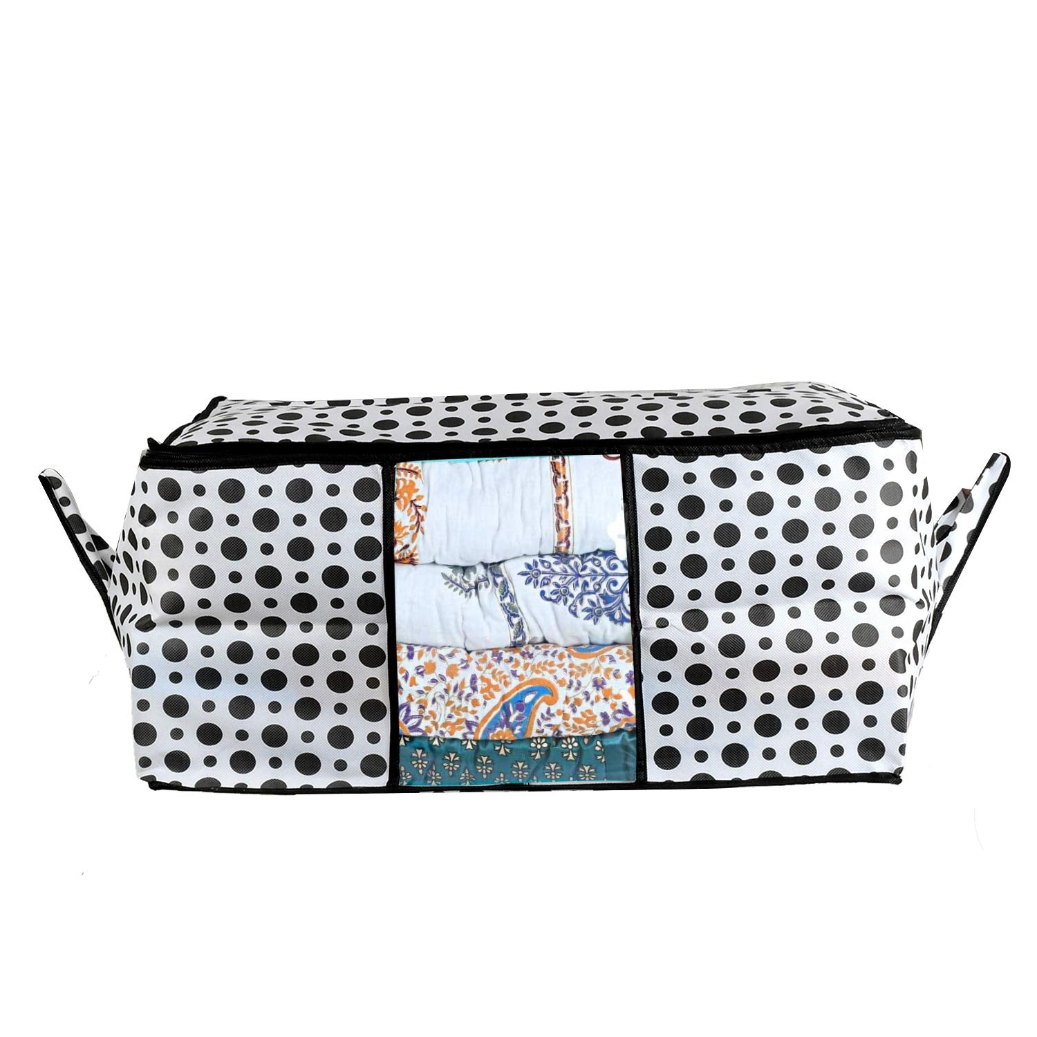 Kuber Industries Polka Dots Design Non Woven Underbed Storage Bag, Cloth Organiser, Blanket Cover with Transparent Window (Black & White) -CTKTC38100 - view 5