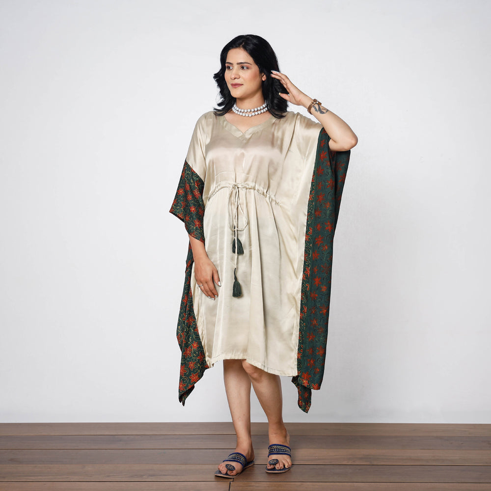 ITOKRI CASUALS Beige - Modal Silk Ajrakh Printed Kaftan Dress (Medium)