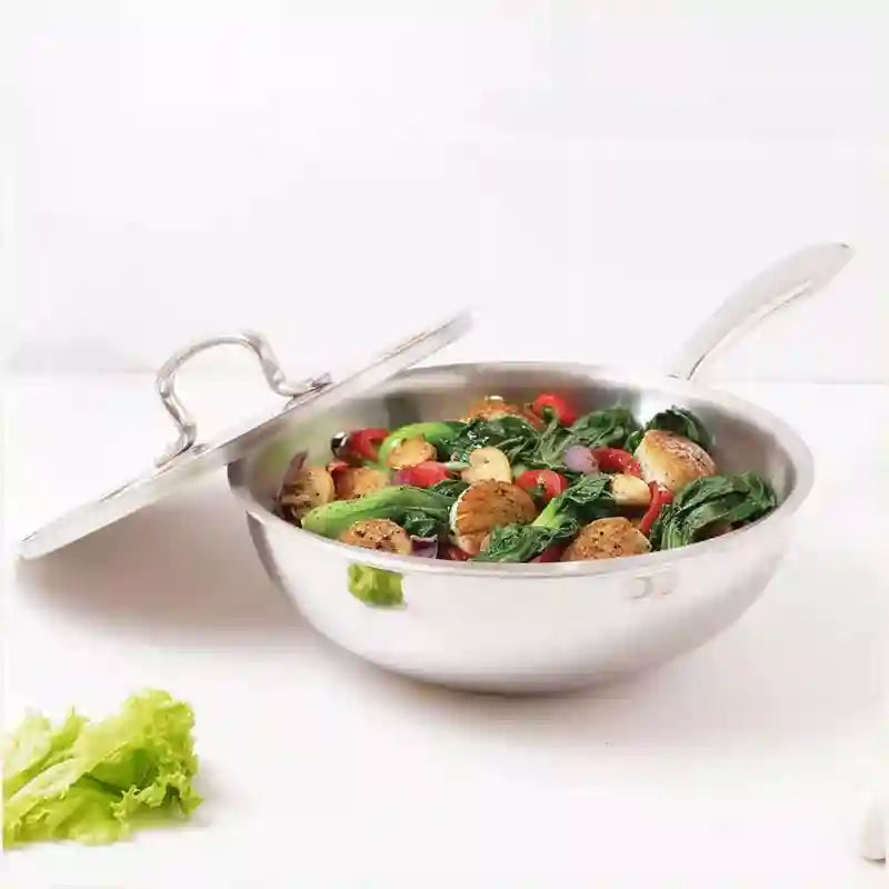 The Indus Valley TurboCuk Tri-ply Stainless Steel Wok/Fry Pan+ Steel Lid, Premium Quality, 3 Layer Thick Body, 100% Toxin-free, Non-stick, Induction &