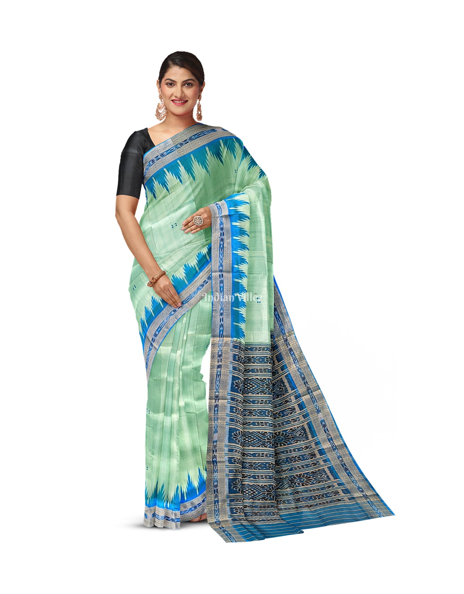 IndianVillèz Mint Green Butta Design Odisha Ikat Khandua Silk Saree