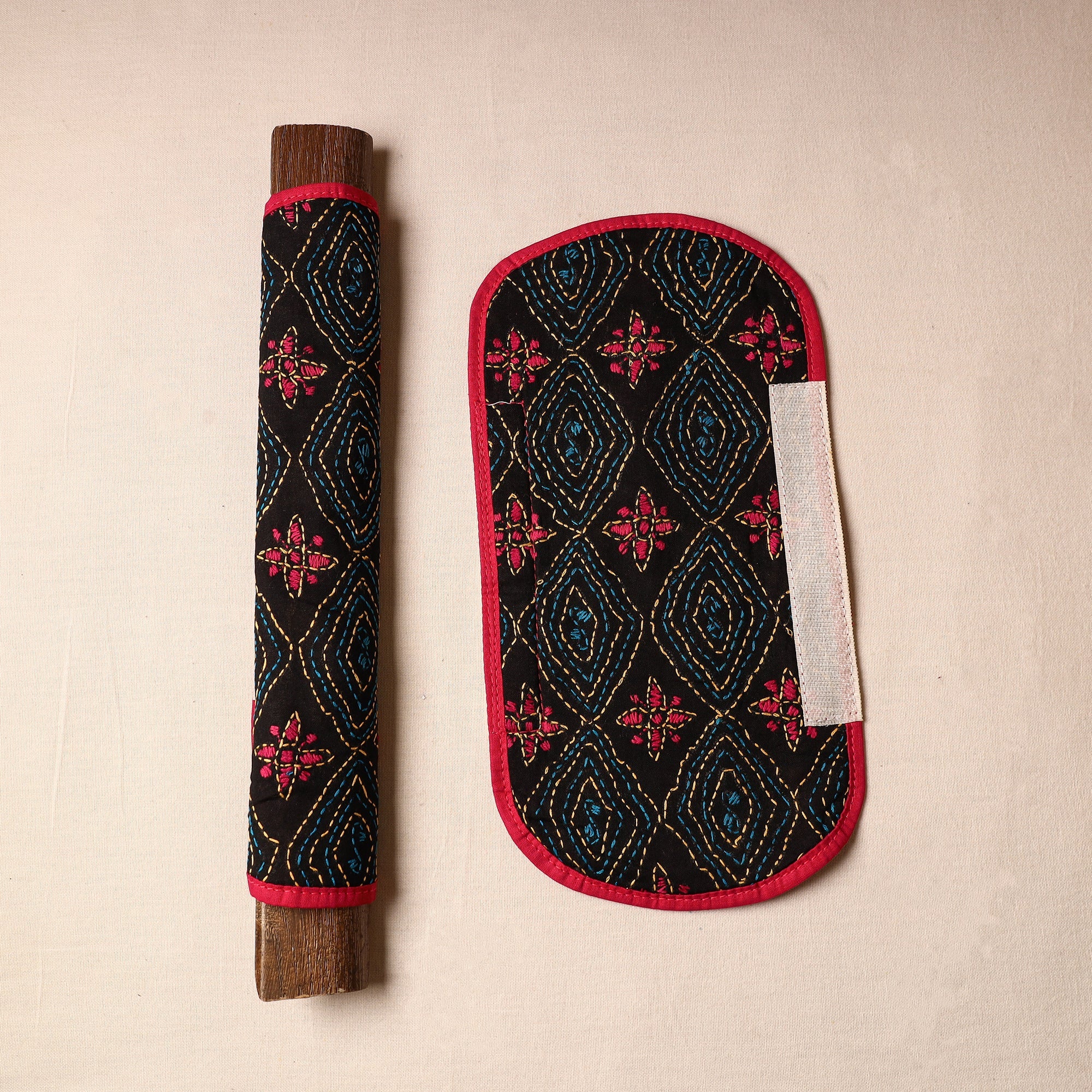 ASALKAAR Black - Bengal Kantha Work Handmade Fridge Handle Cover (Set of 2) 47