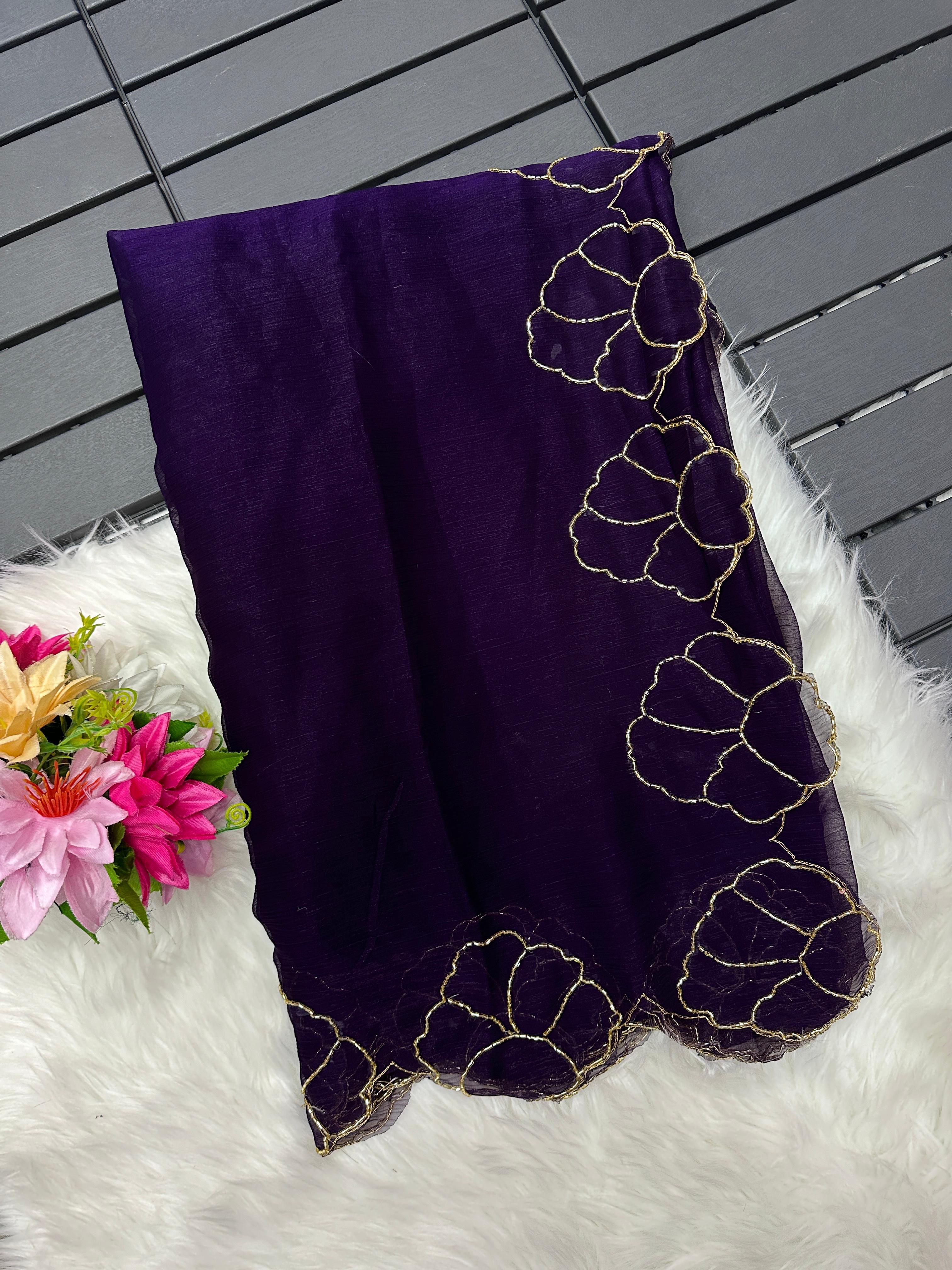 ClothsVilla Purple Lotus Jari Silk Saree with Exquisite Golden Handwork & Running Blouse