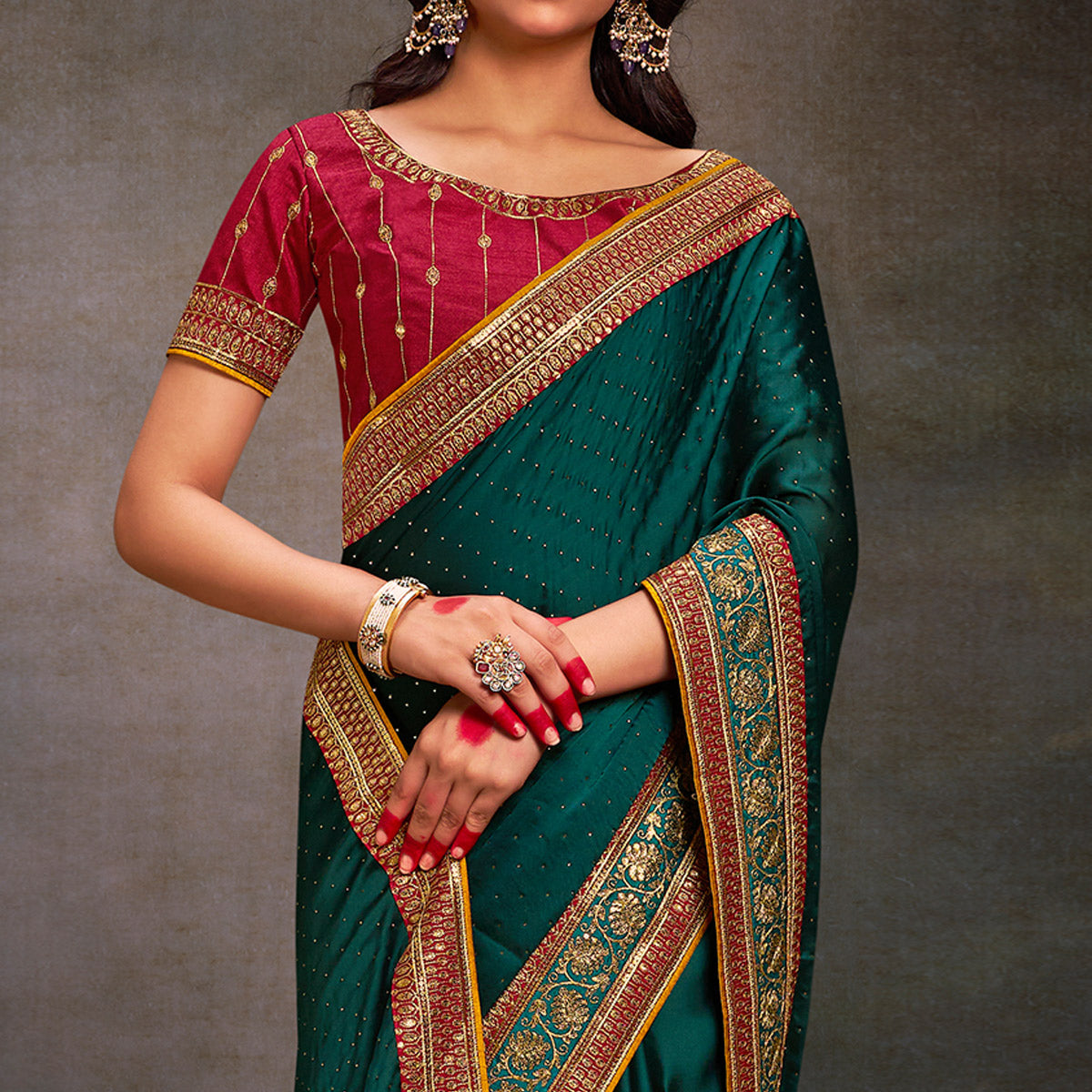 Peachmode Dark Rama Green Swarovski Work Satin Saree With Tassels - view 3
