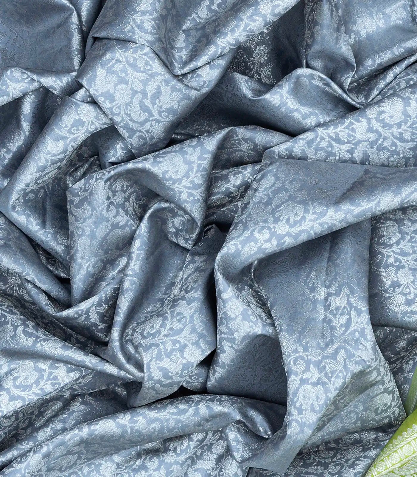RmKV Grey Handwoven Kanchipuram Silk Saree With Floral, Peacock, Annam and Elephant Motifs In Silver Zari - view 3