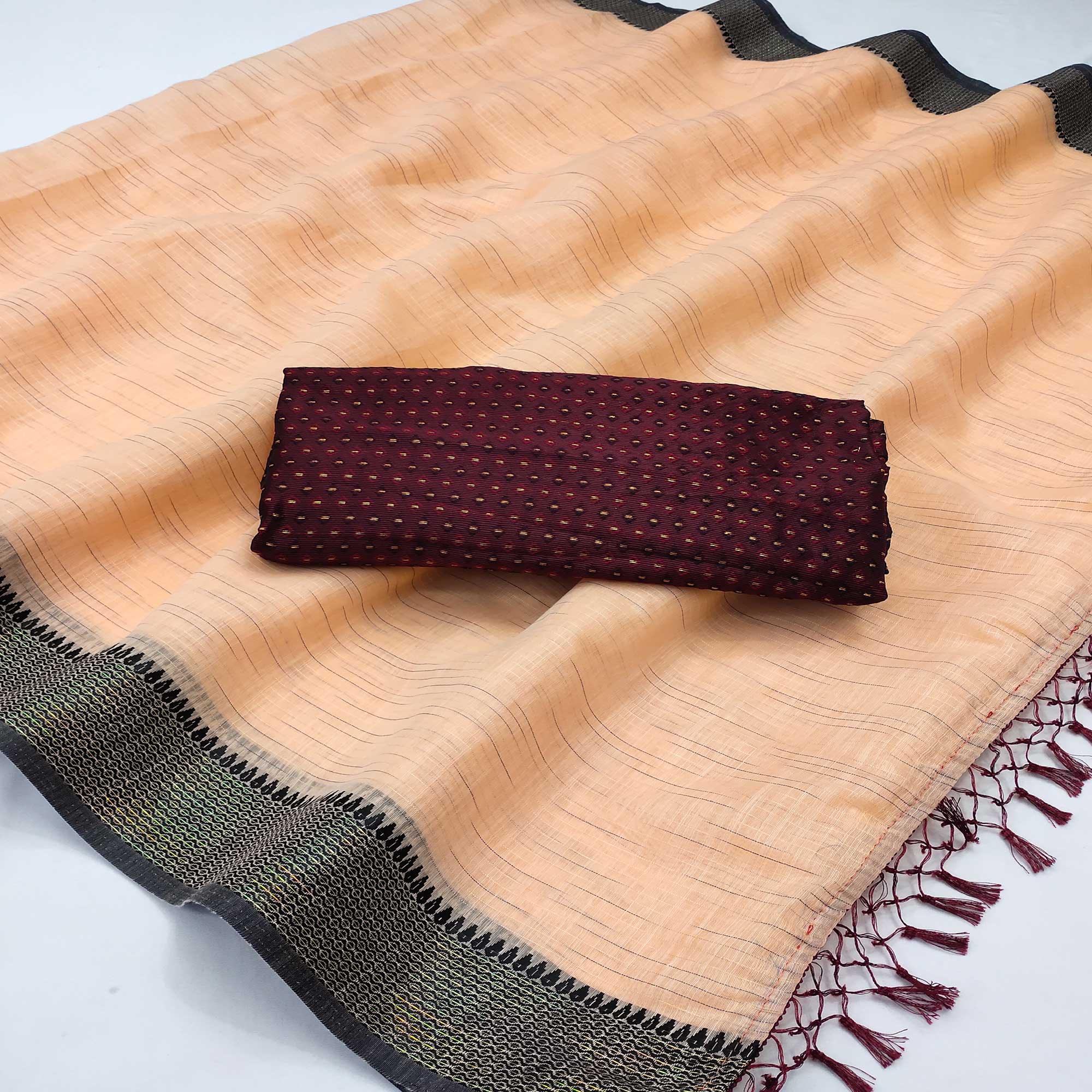 Peachmode Engrossing Orange Colored lining Pattern Casual Wear Cotton Saree