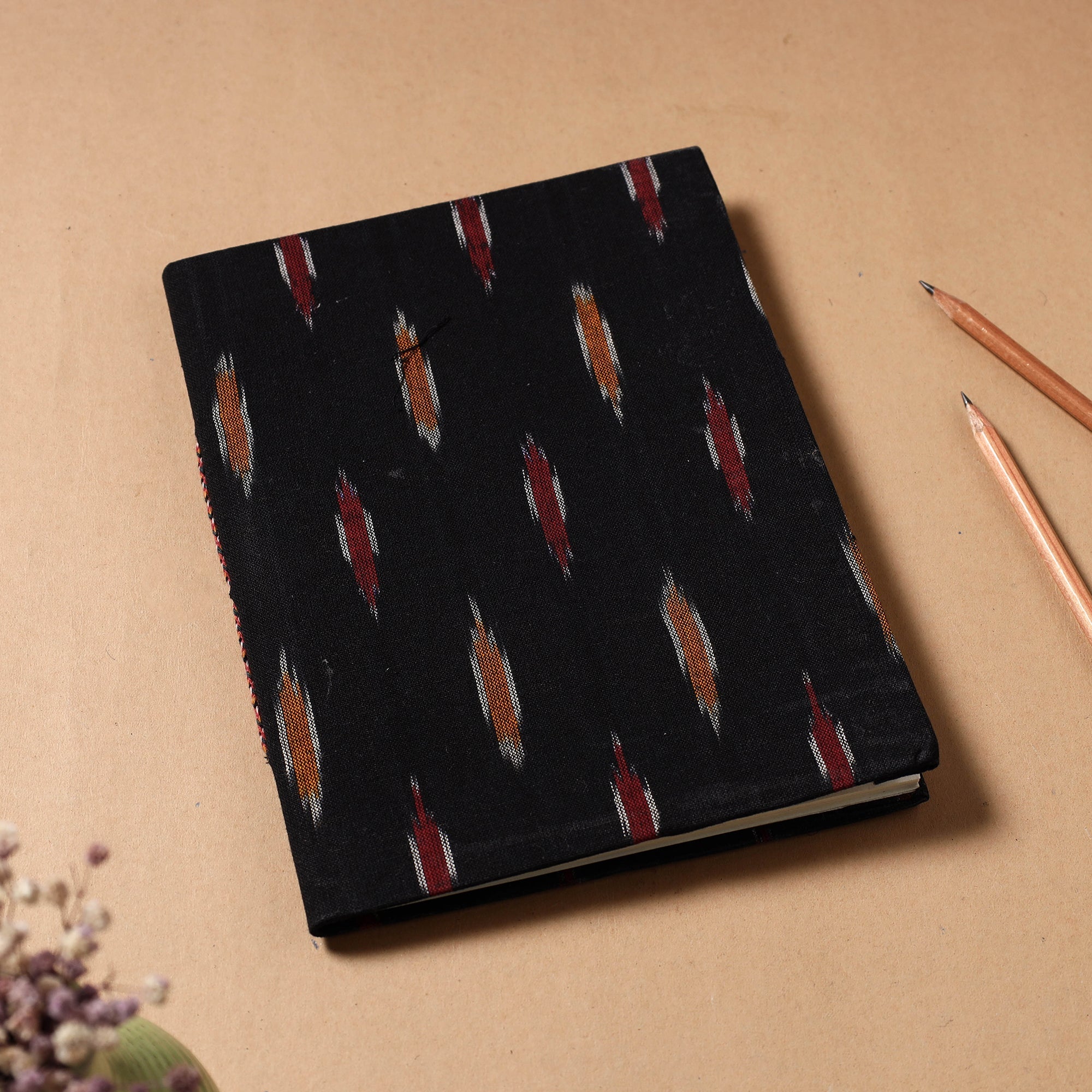 CHUTNEY CRAFT STUDIO Black - Ikat Fabric Cover Handmade Paper Notebook (9 x 7 in)