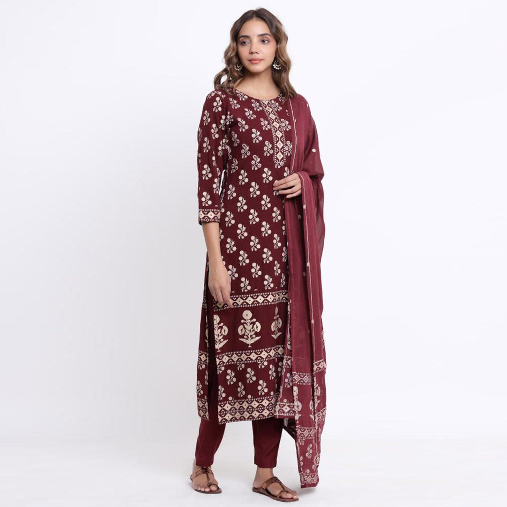 Peachmode Maroon Partywear Printed With Gotta Patti Cotton Kurti Pant Set With Dupatta