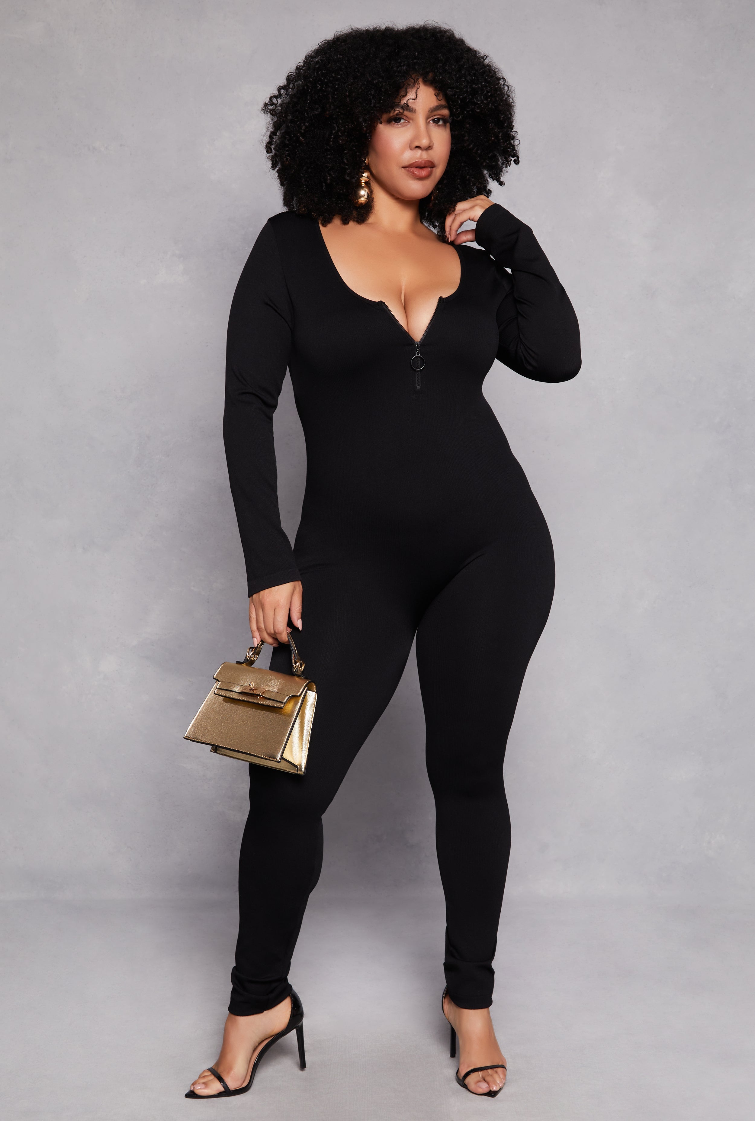Rainbow Shops Plus Size Long Sleeve Half Zip Catsuit