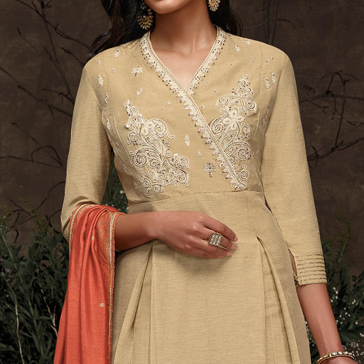 Peachmode Seller Marvellous Beige Colored Partywear Embroidered Silk Kurti-Palazzo Set With Banarasi Dupatta - view 3