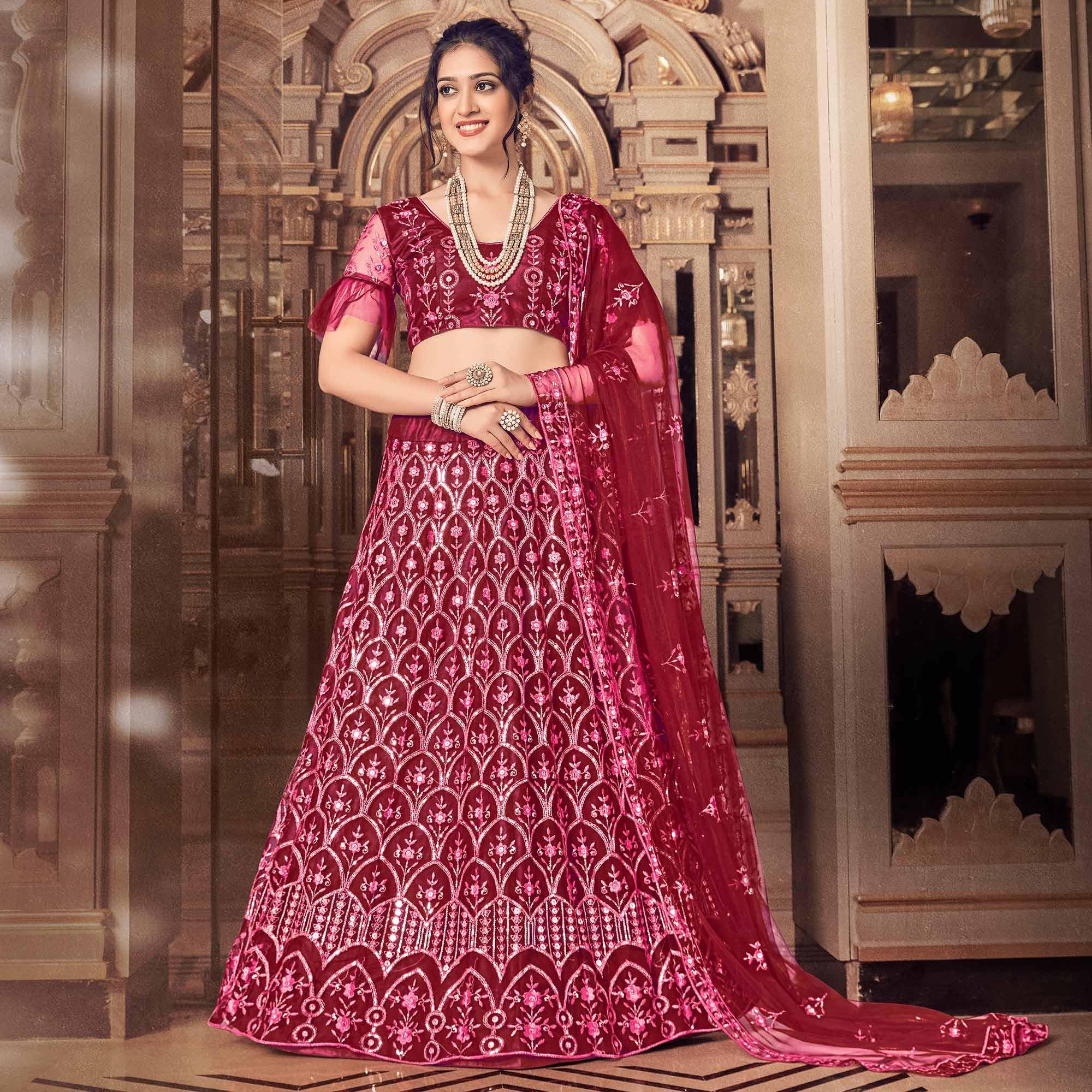Peachmode Maroon Partywear Thread Sequins Soft Net Lehenga Choli