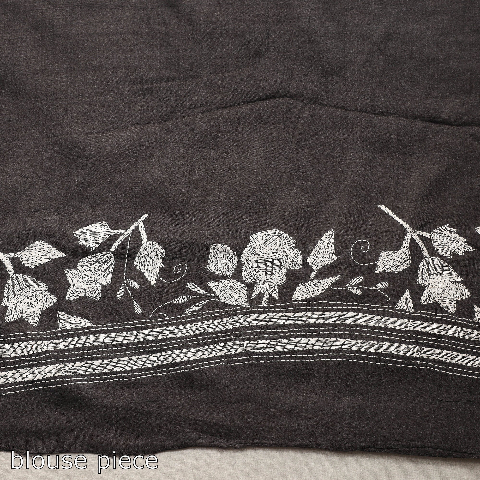 KHUSHBASH - HAPPY LOOM OF EAST Black - Bengal Kantha Embroidery Handloom Tussar Silk Saree - view 8