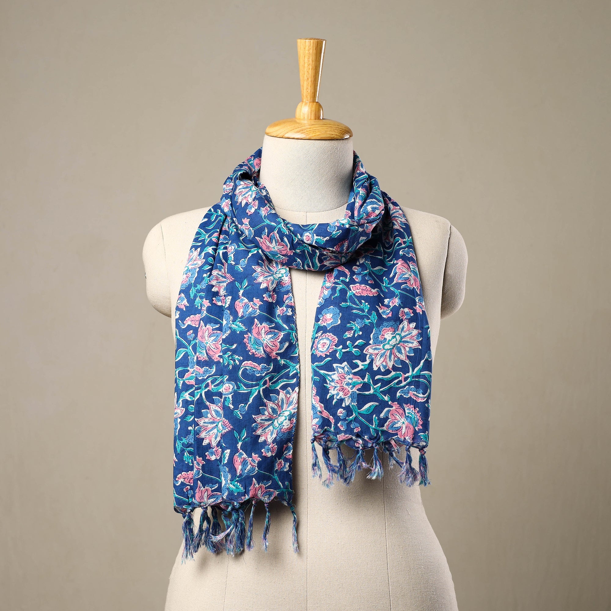 HAVELI CHRONICLES Blue - Block Print Cotton Sanganeri Stole with Tassels 226